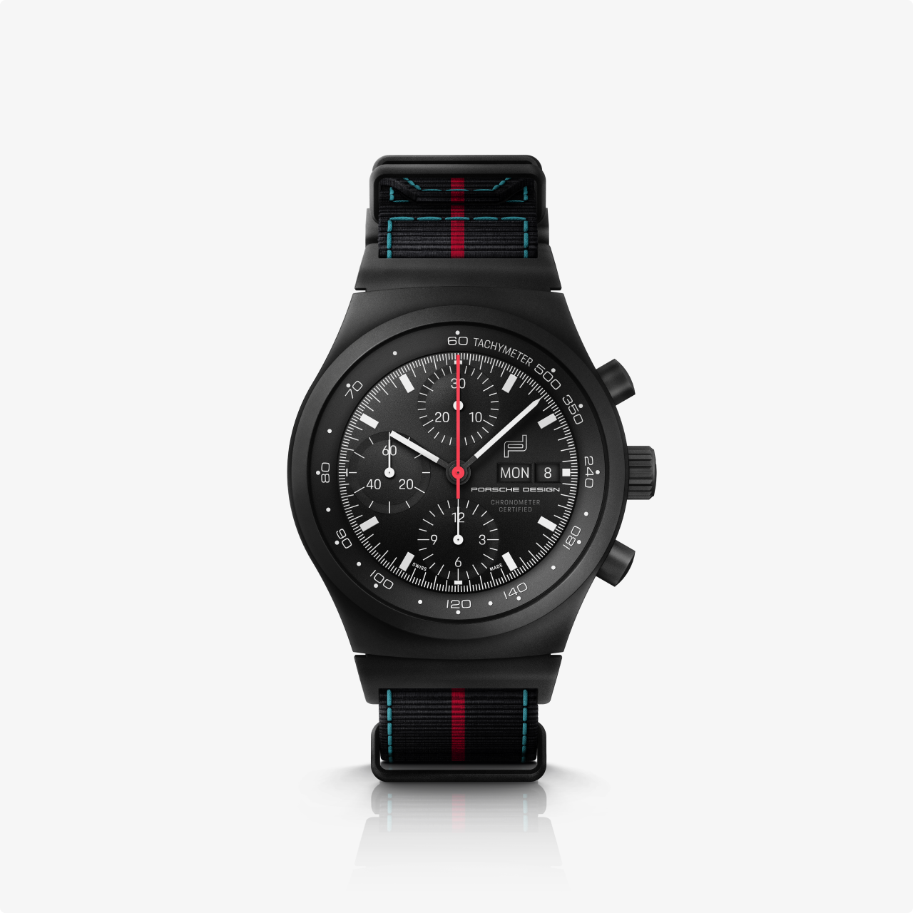 Porsche Design Chronograph 1 75 Years Porsche Edition: black chronograph watch with a black strap, red and blue accents, and tachymeter bezel on a white background.