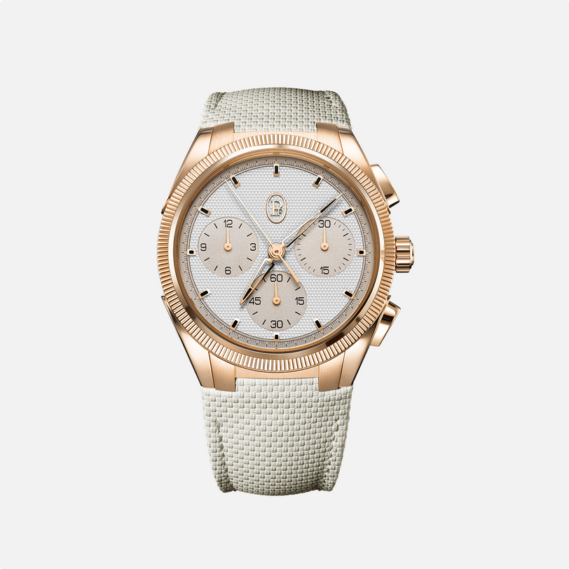 The Parmigiani Fleurier TONDA PF Sport is a gold watch with a textured white dial, fabric strap, three subdials, and gold hour markers.