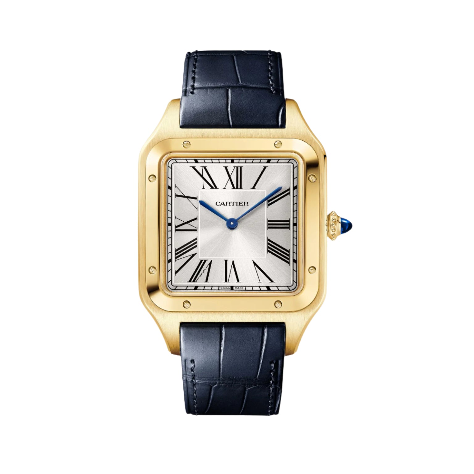 Cartier Santos Dumont watch featuring a square face, Roman numerals, blue hands, and a black leather strap.