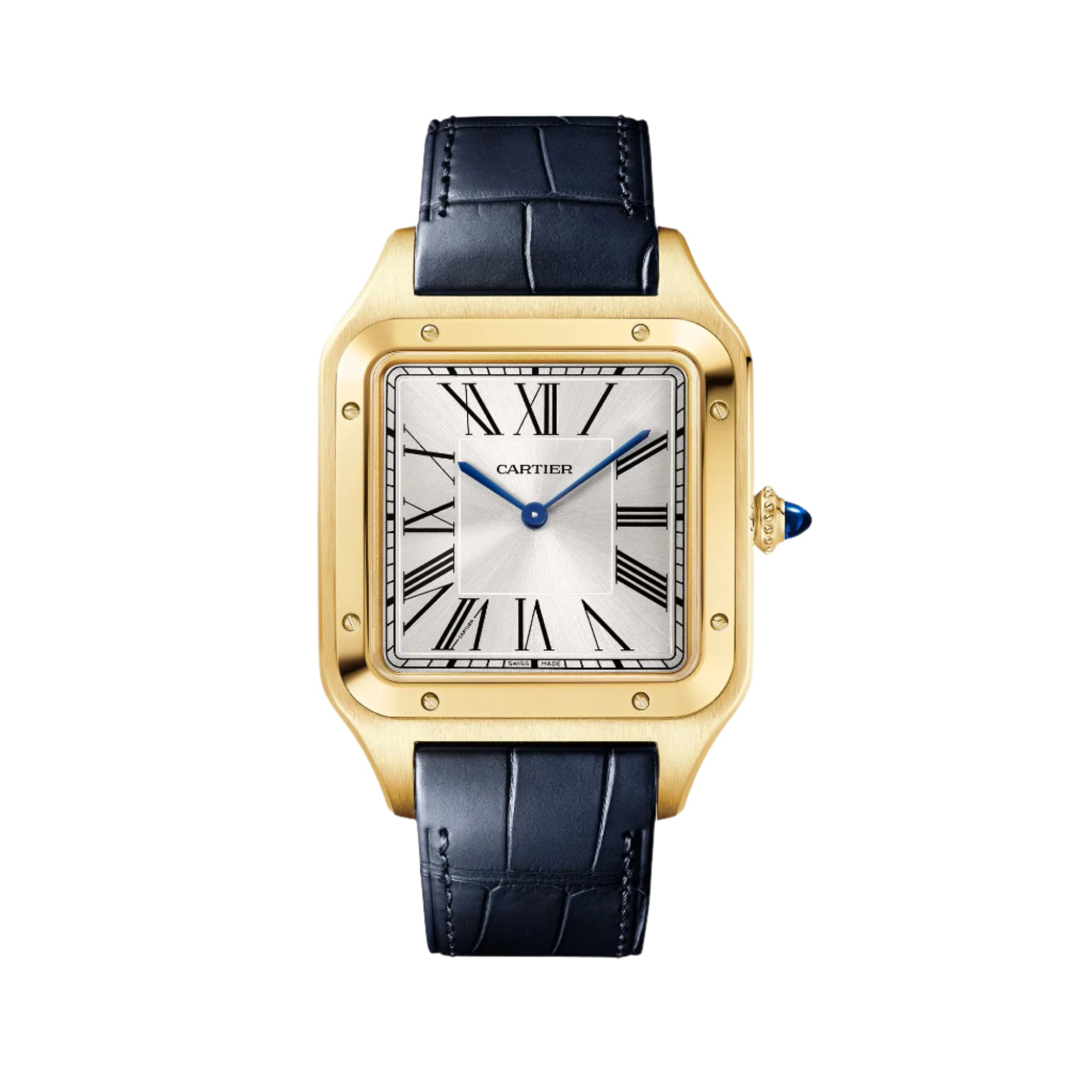 Cartier Santos Dumont watch featuring a square face, Roman numerals, blue hands, and a black leather strap.