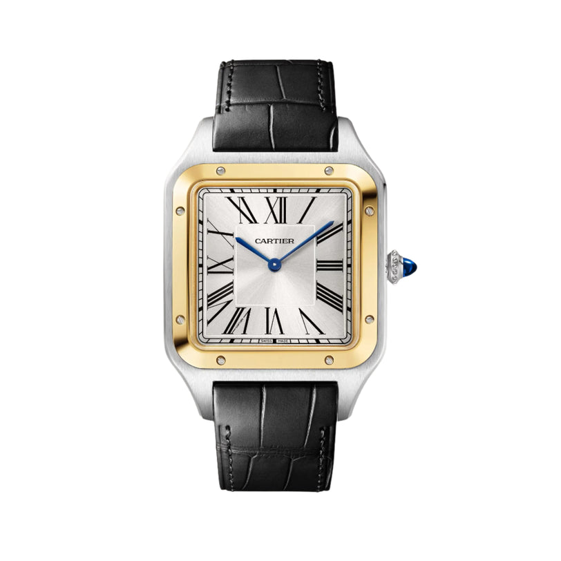 The Cartier Santos Dumont Watch features a square gold bezel, Roman numerals, and a black leather strap.