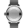 Back view of the Breitling Superocean Heritage Automatic 36, featuring a metal mesh strap and engraved case details against a black background.