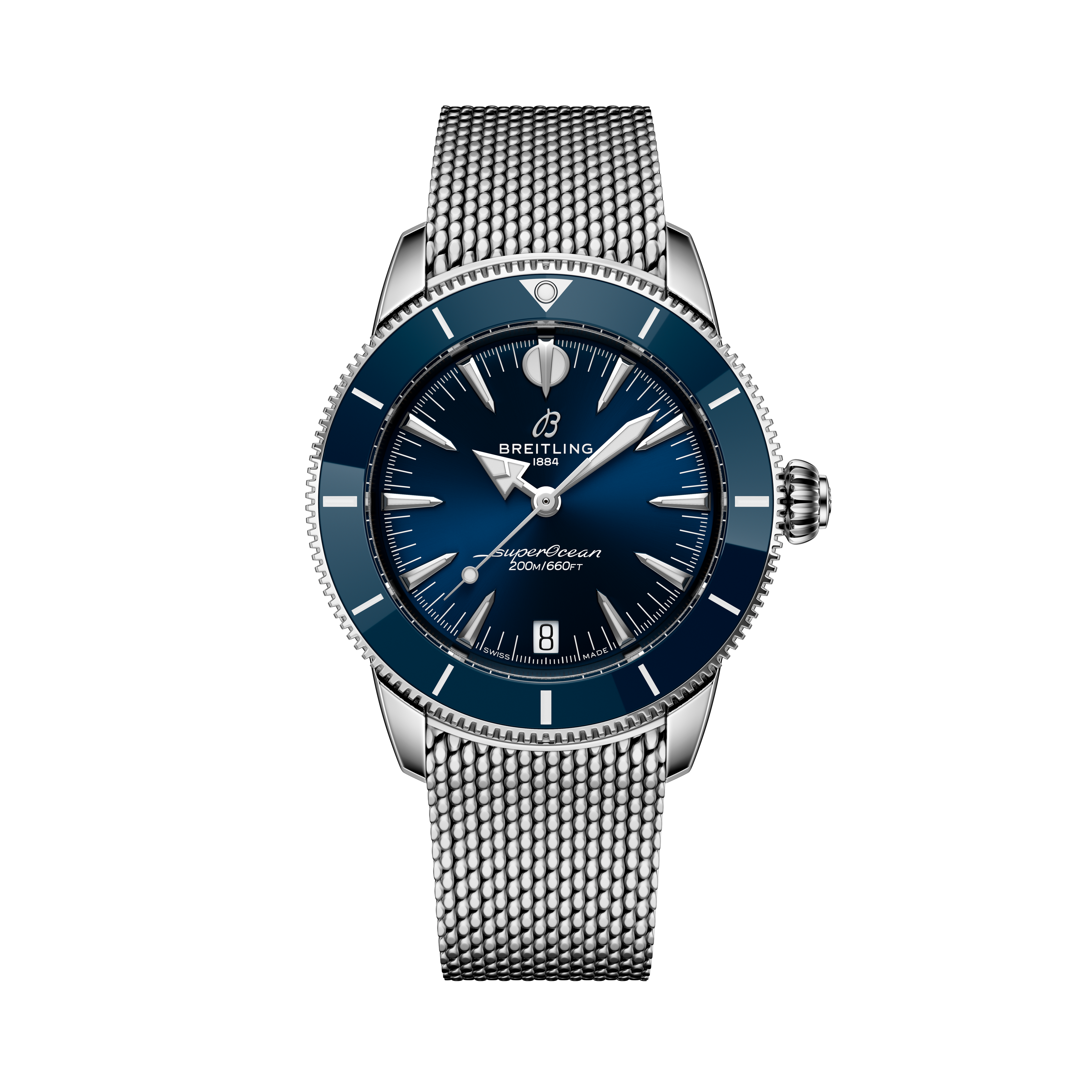 The Breitling Superocean Heritage Automatic 36 features a blue dial, silver bezel, and stainless steel mesh bracelet, displayed against a black background.