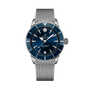 The Breitling Superocean Heritage Automatic 36 features a blue dial, silver bezel, and stainless steel mesh bracelet, displayed against a black background.
