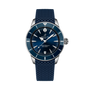 The Breitling Superocean Heritage Automatic 36 is a blue dive watch featuring a textured blue strap and dark blue dial, displaying the time at 10:08.