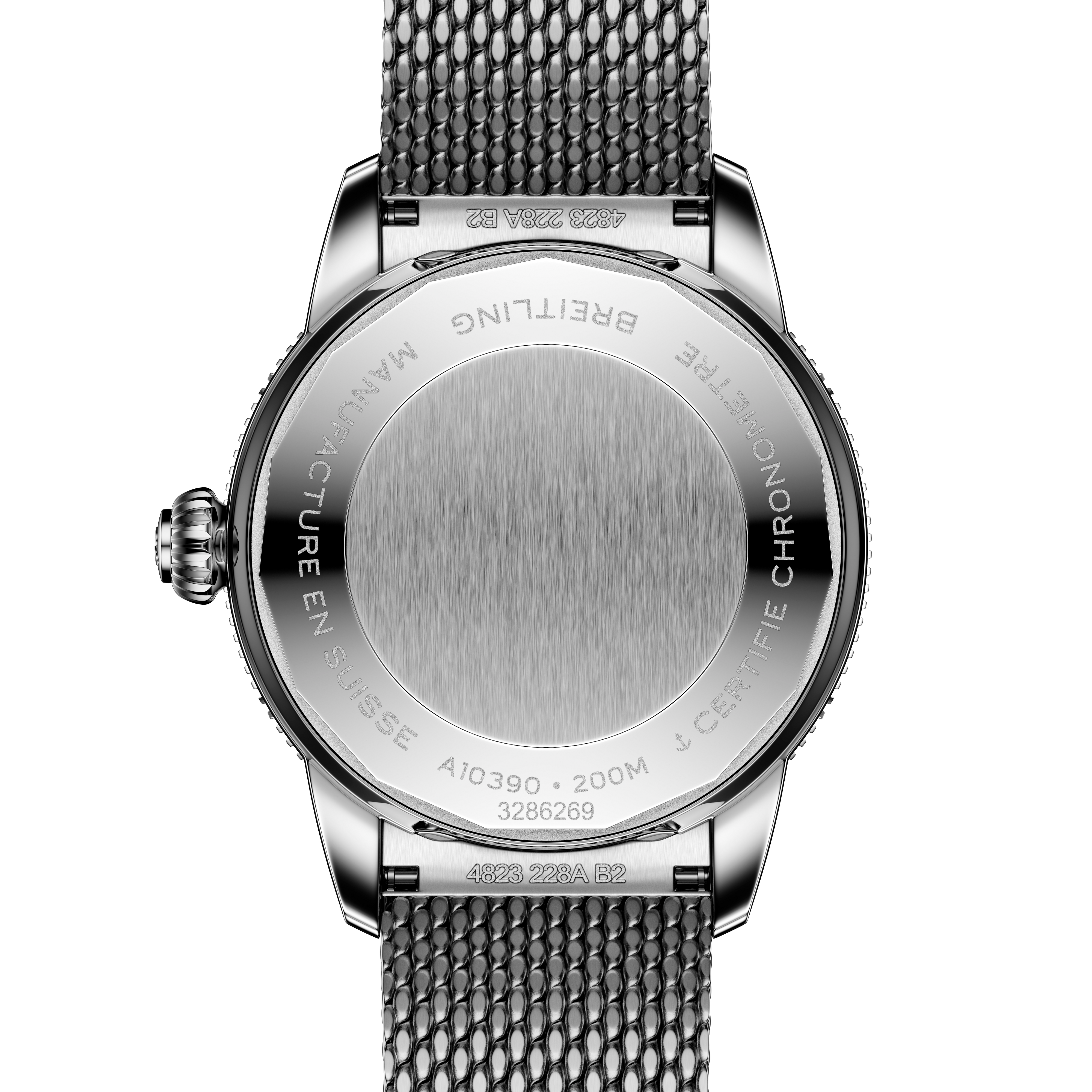 Back view of the Breitling Superocean Heritage Automatic 36, featuring a metal mesh strap and engraved details on the case back.