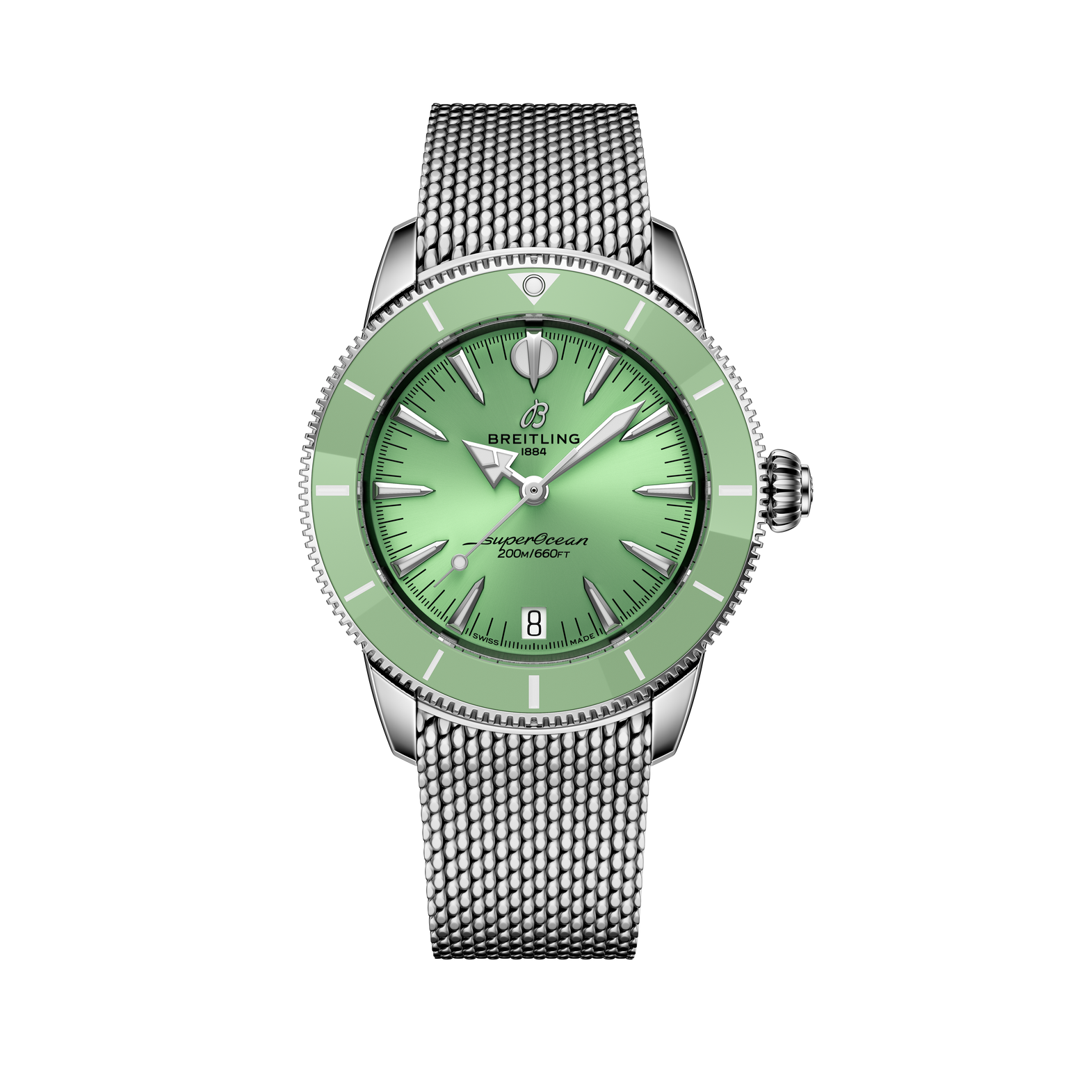 The Breitling Superocean Heritage Automatic 36 features a green dial and bezel, silver hour markers, and a silver mesh strap, showcased on a black background.