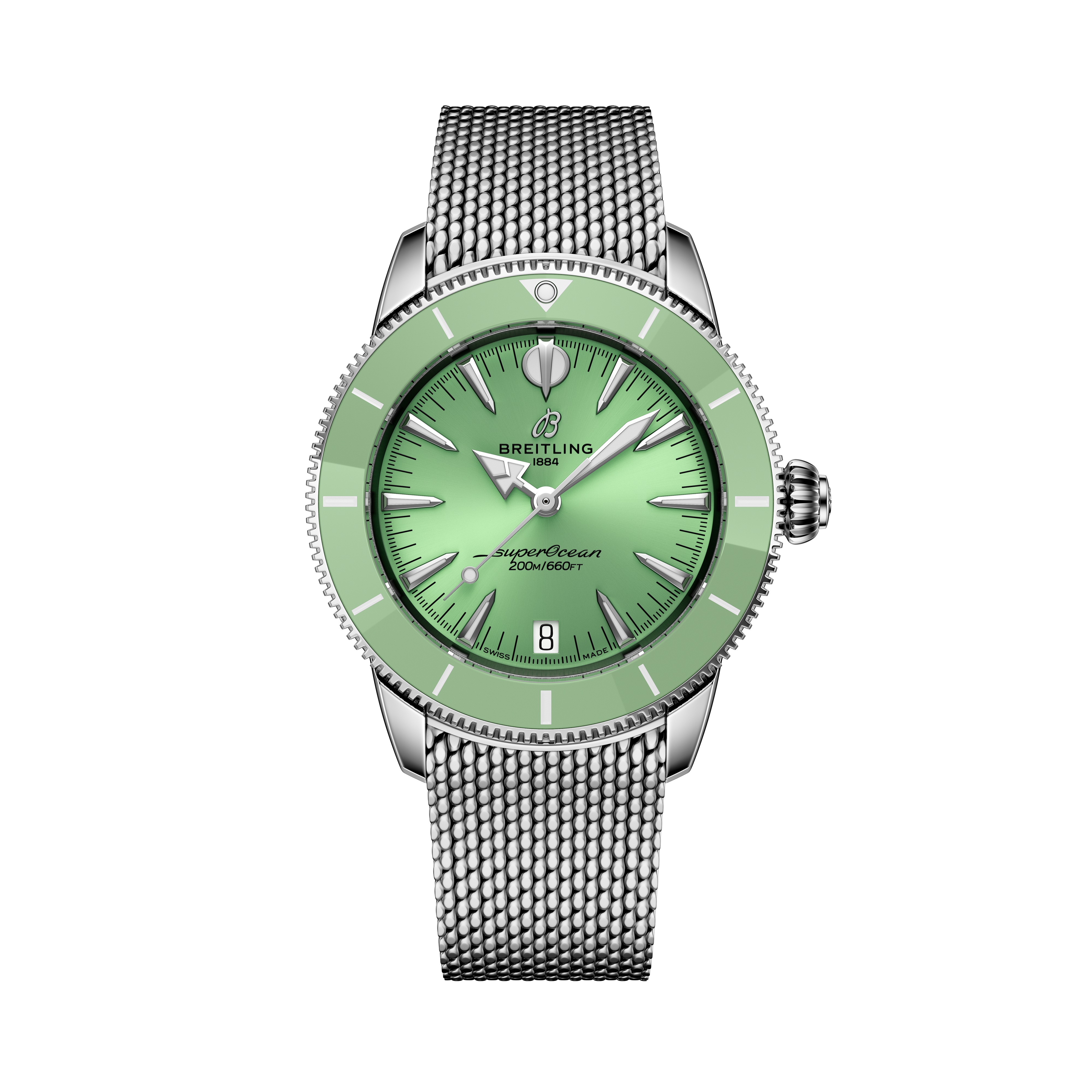 The Breitling Superocean Heritage Automatic 36 features a green dial and bezel, silver hour markers, and a silver mesh strap, showcased on a black background.