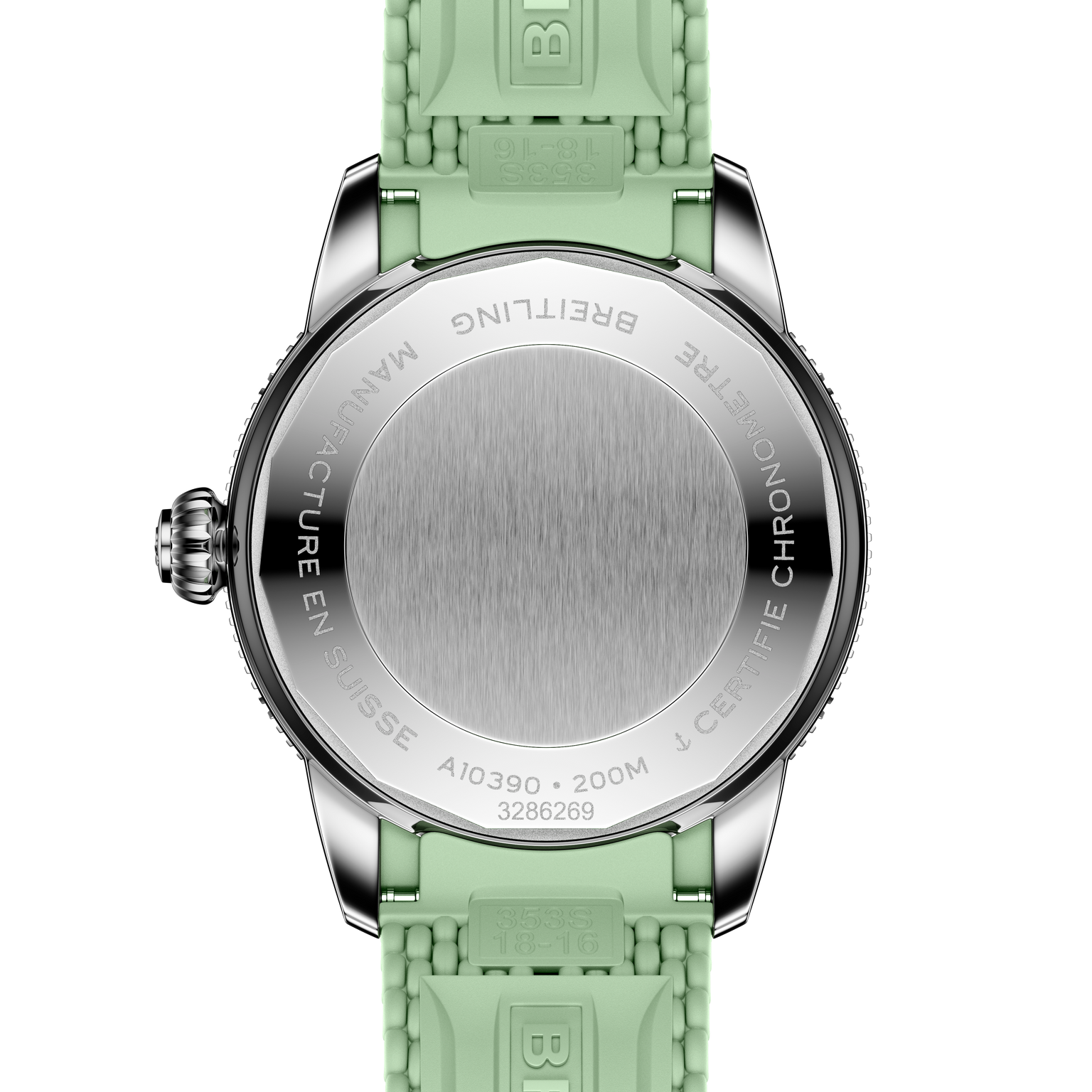 Back of a Breitling Superocean Heritage Automatic 36, featuring a mint green rubber strap and engraved stainless steel case back.