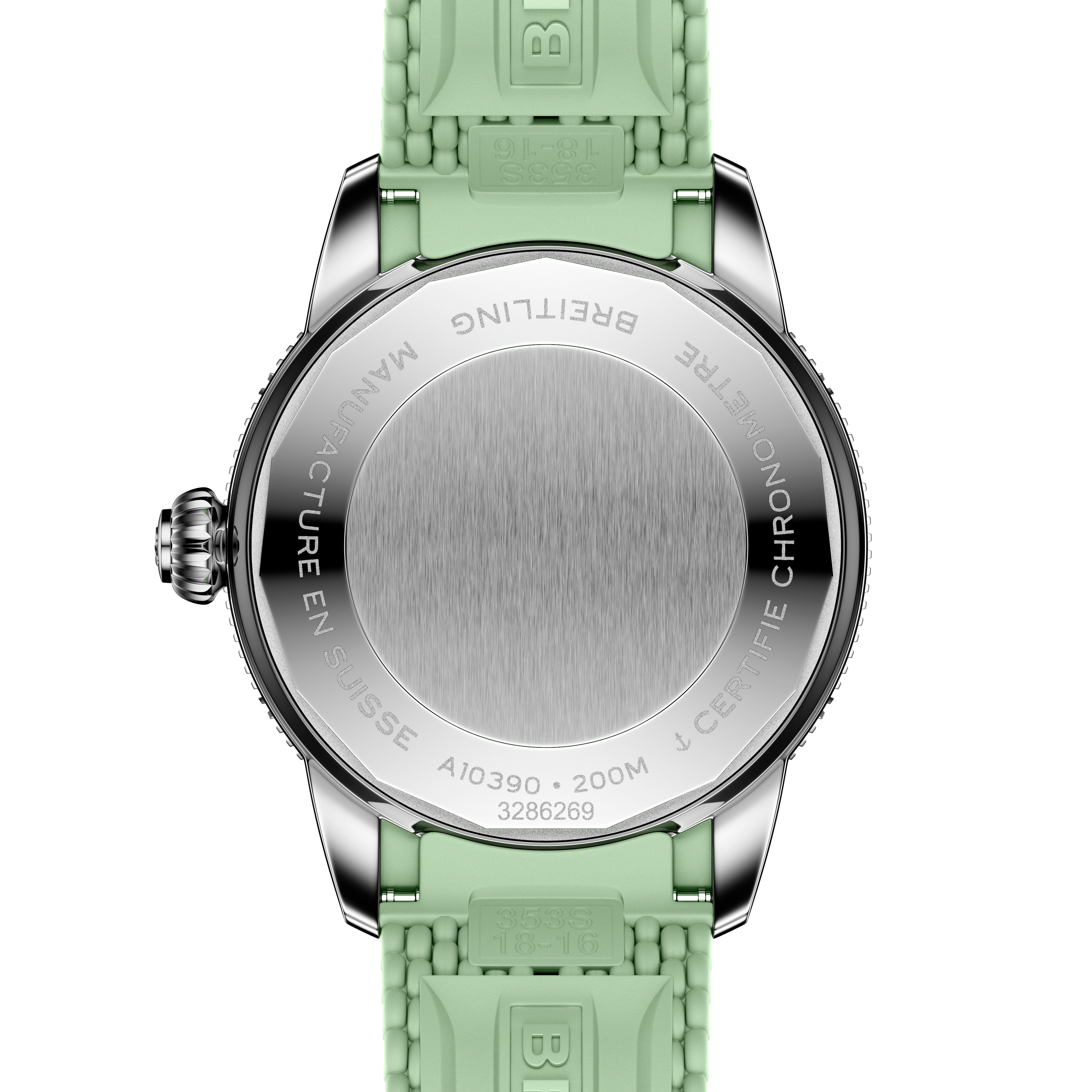 Back of a Breitling Superocean Heritage Automatic 36, featuring a mint green rubber strap and engraved stainless steel case back.