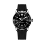 A Breitling Superocean Heritage B31 Automatic 40 wristwatch with a black strap and silver details is shown on a black background.