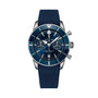 The Breitling Superocean Heritage B01 Chronograph 42 is a blue chronograph wristwatch with a textured strap and silver accents, displayed on a white background.