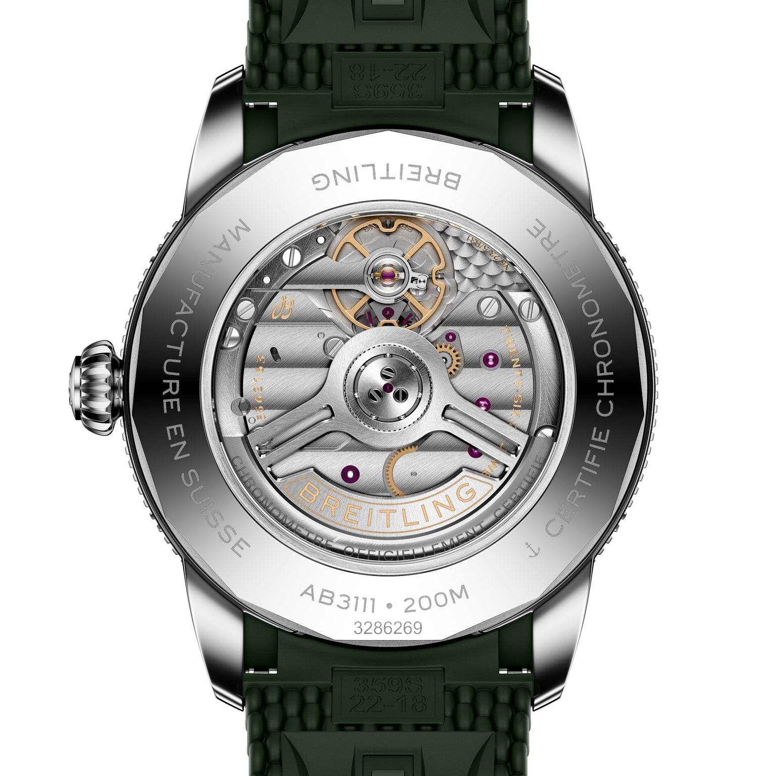 Close-up of the Breitling Superocean Heritage B31 Automatic 42s transparent case back, revealing its intricate mechanical movement.