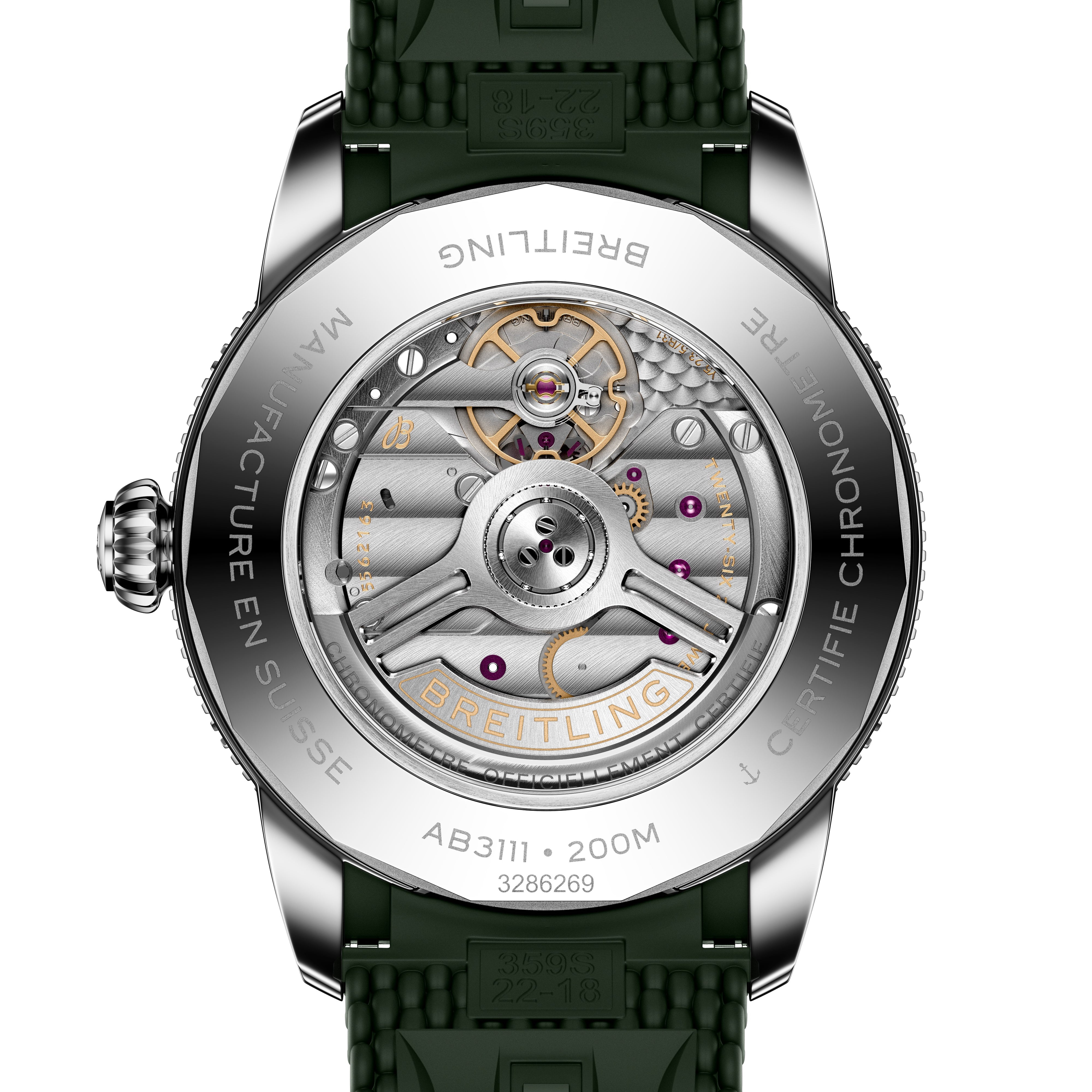 Close-up of the Breitling Superocean Heritage B31 Automatic 42s transparent case back, revealing its intricate mechanical movement.