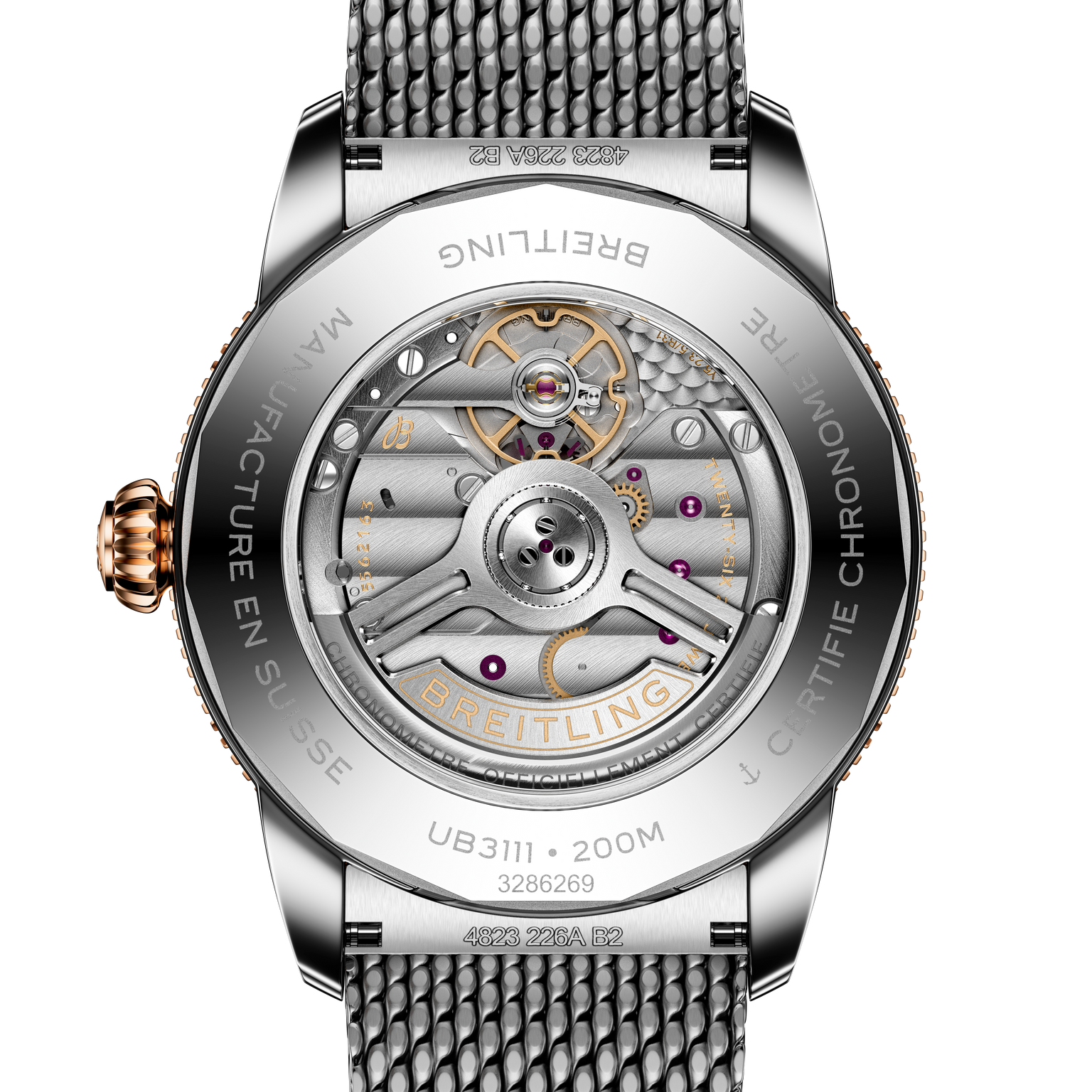 Back view of the Breitling Superocean Heritage B31 Automatic 42 reveals its exposed mechanical movement and detailed engravings on the metal case.
