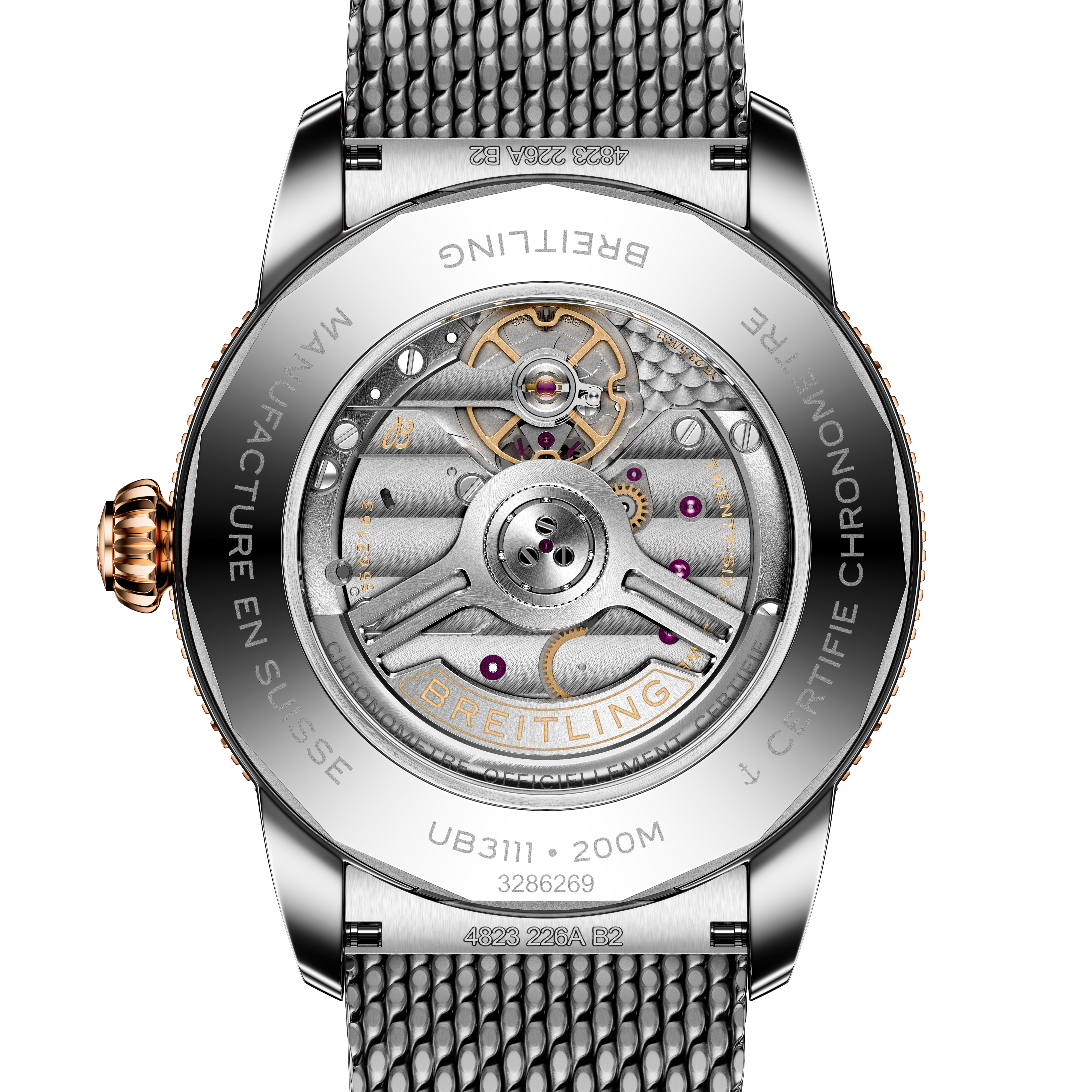 Back view of the Breitling Superocean Heritage B31 Automatic 42 reveals its exposed mechanical movement and detailed engravings on the metal case.
