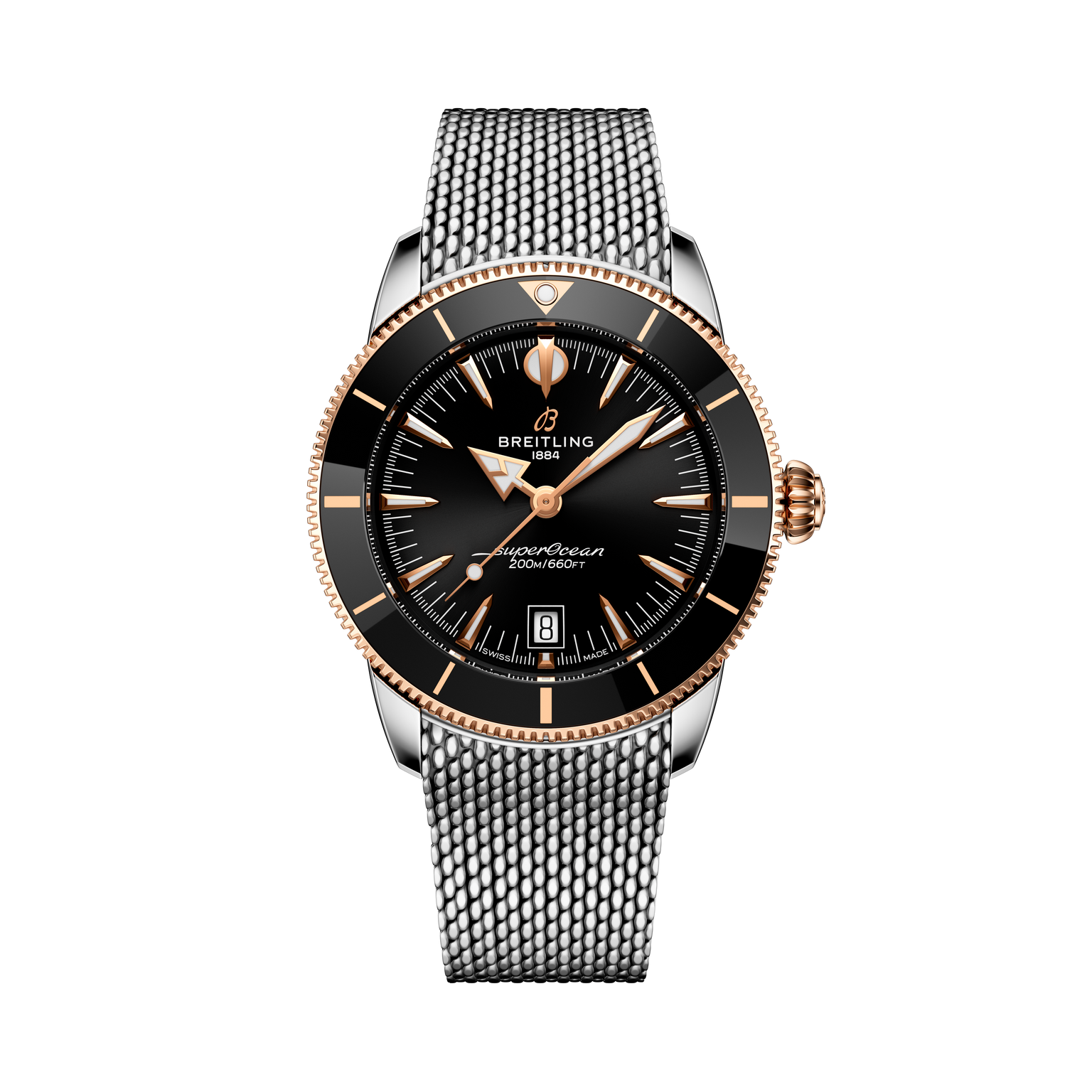 The Breitling Superocean Heritage B31 Automatic 42 features a black dial with gold accents and a silver mesh metal strap, displayed on a black background.