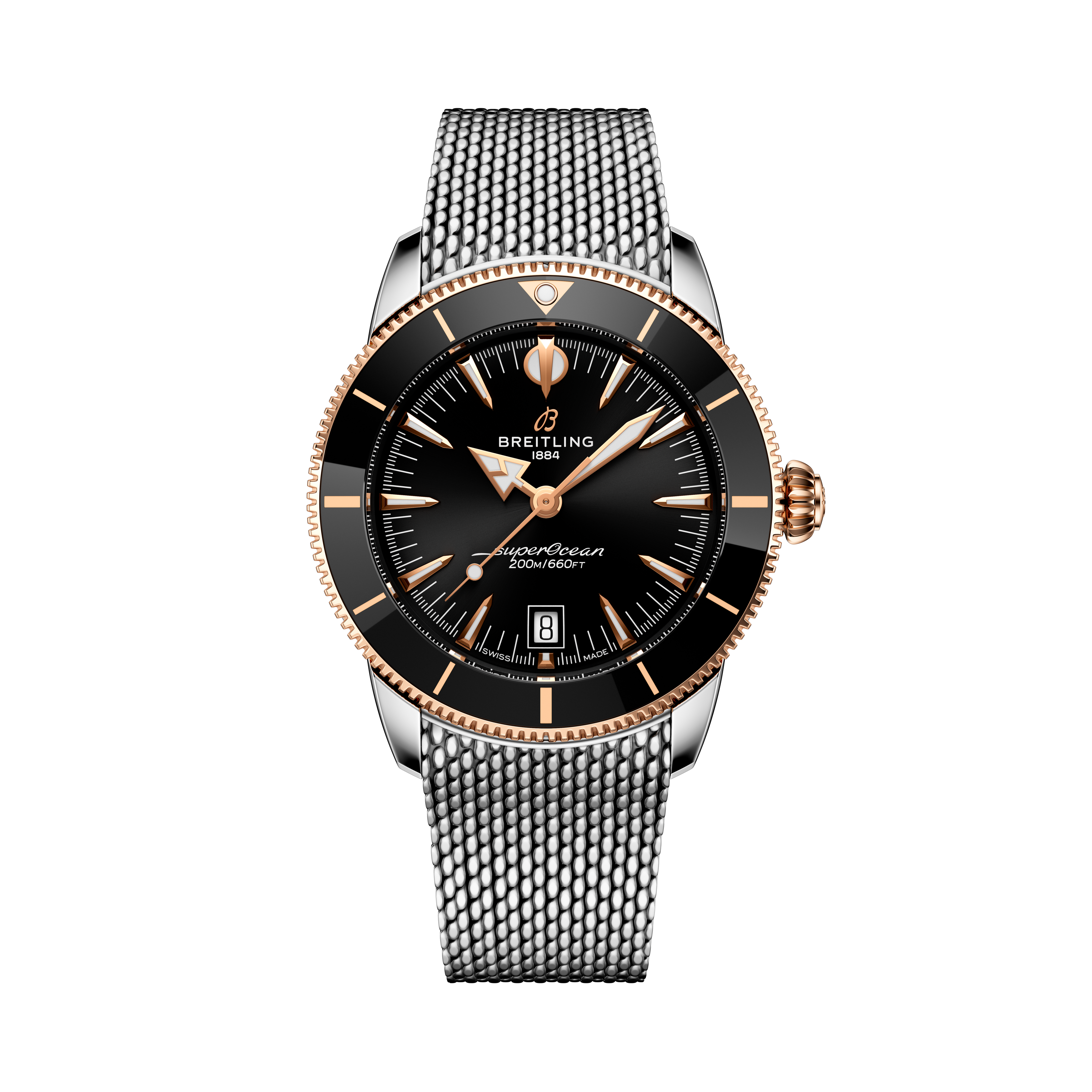 The Breitling Superocean Heritage B31 Automatic 42 features a black dial with gold accents and a silver mesh metal strap, displayed on a black background.