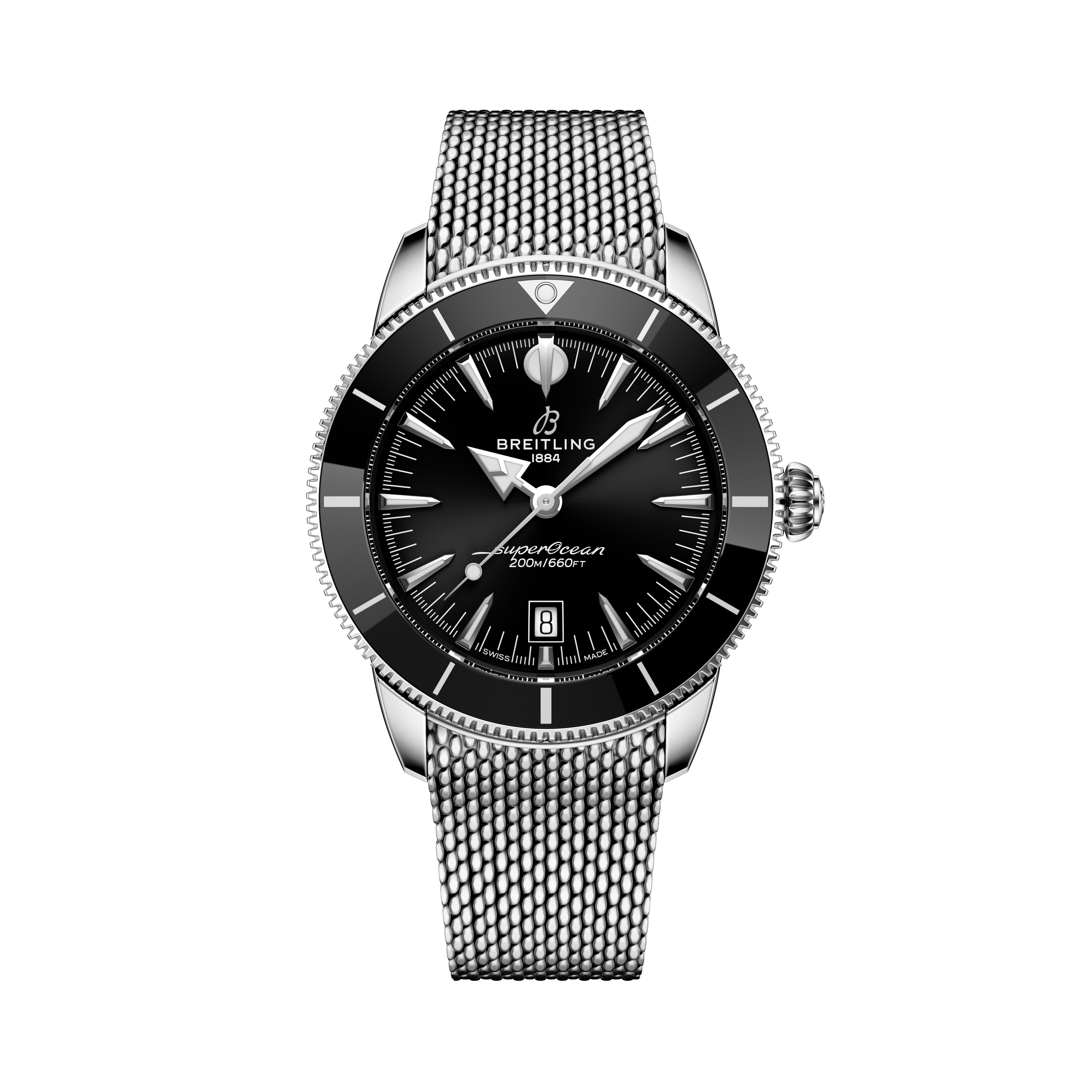 The Breitling Superocean Heritage B31 Automatic 44 wristwatch features a silver mesh metal strap and black dial, displayed against a white background.