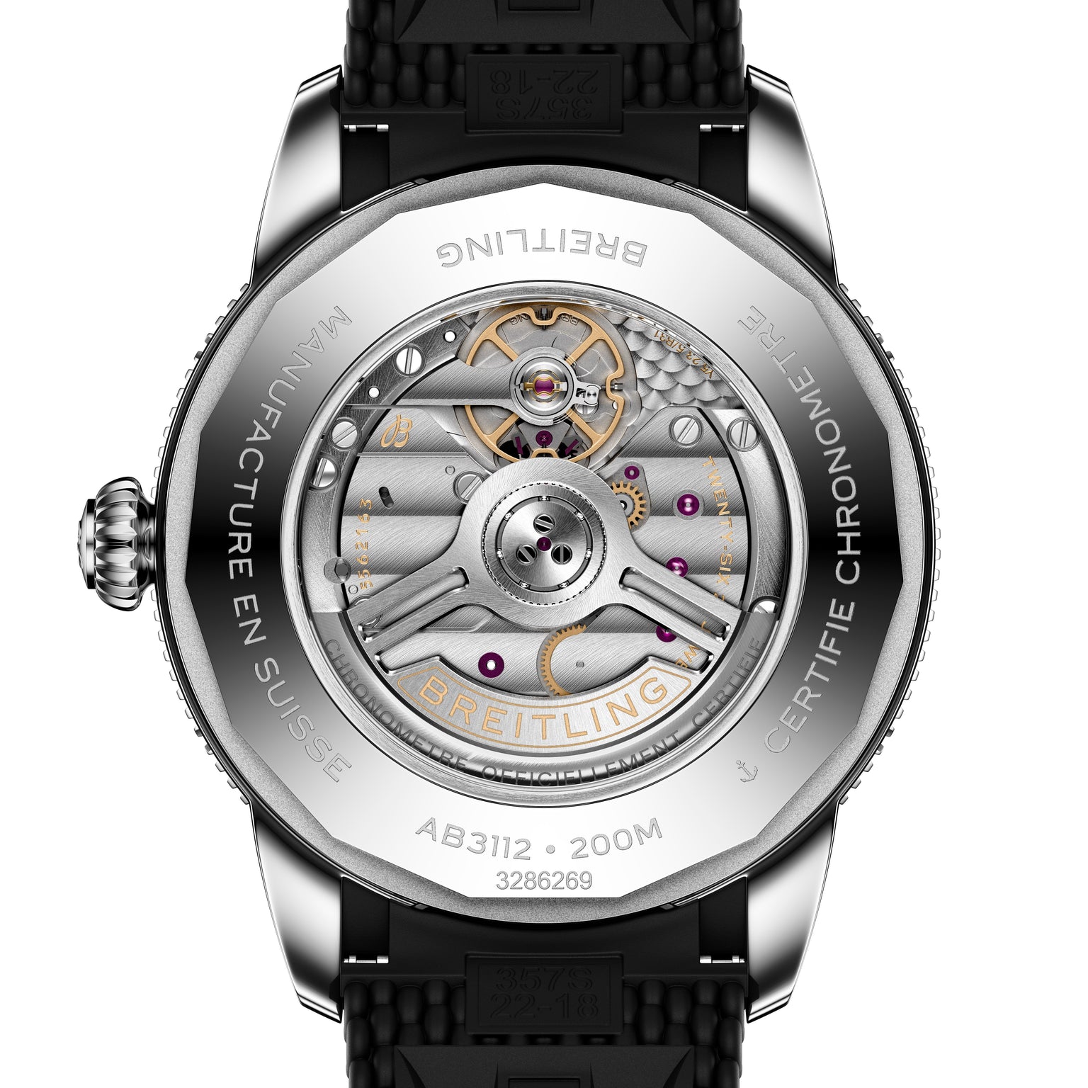 Close-up of the back of the Breitling Superocean Heritage B31 Automatic 44, revealing its intricate mechanical movement.