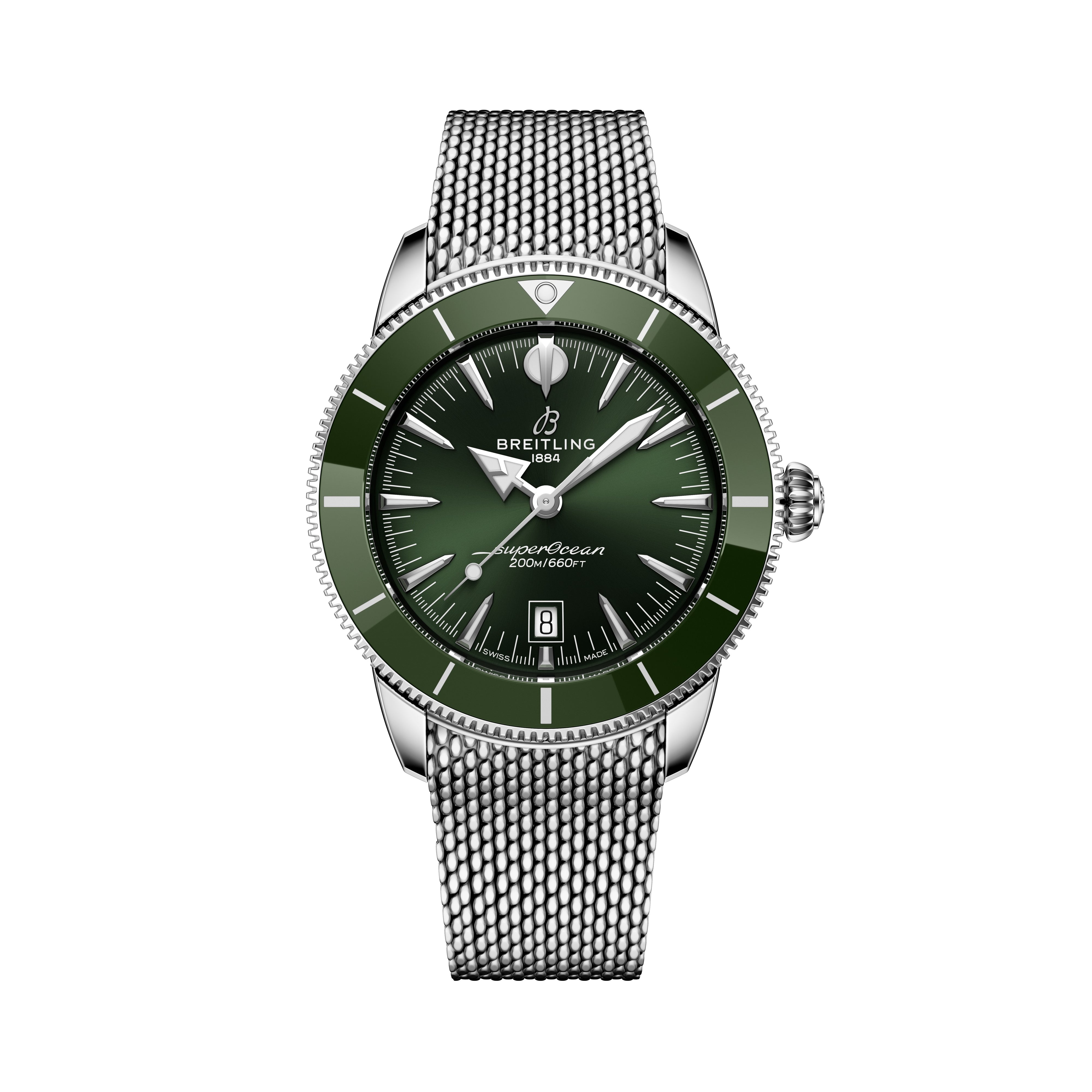 The Breitling Superocean Heritage B31 Automatic 44 features a green dial, silver mesh band, silver hour markers, and a date window at 6 o’clock.