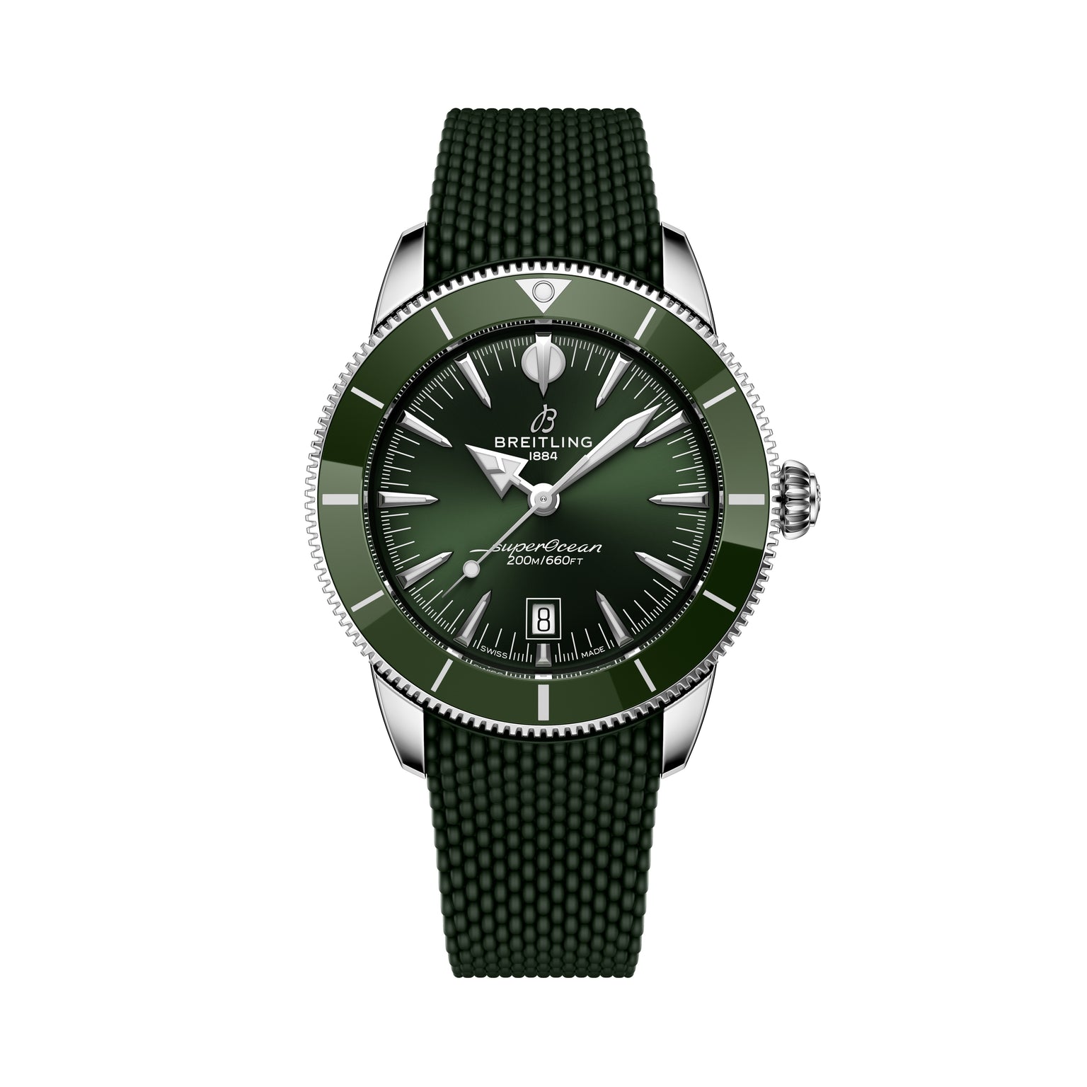 The Breitling Superocean Heritage B31 Automatic 44 features a green dial, textured strap, silver bezel, and a date display at 6 o’clock.