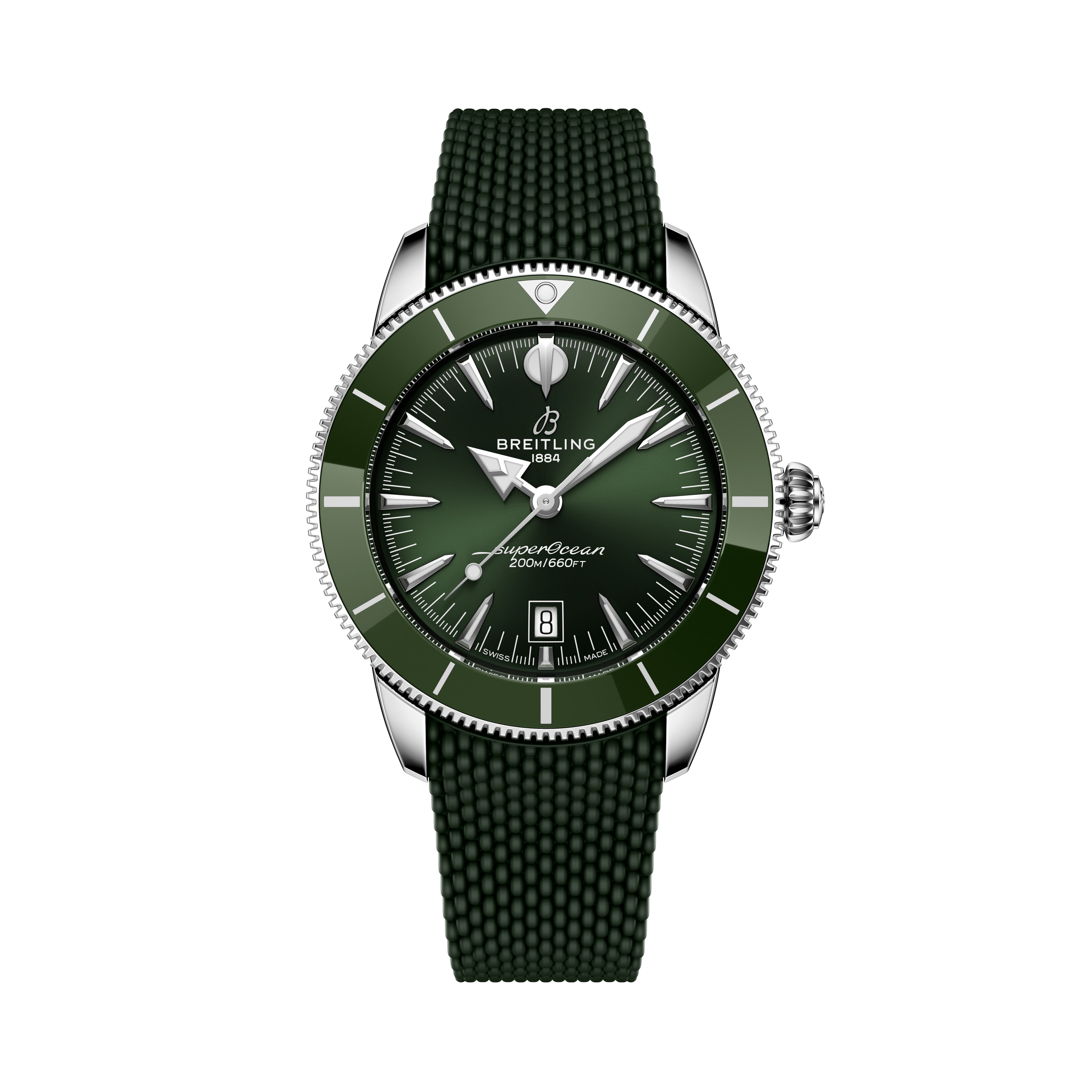 The Breitling Superocean Heritage B31 Automatic 44 features a green dial, textured strap, silver bezel, and a date display at 6 o’clock.
