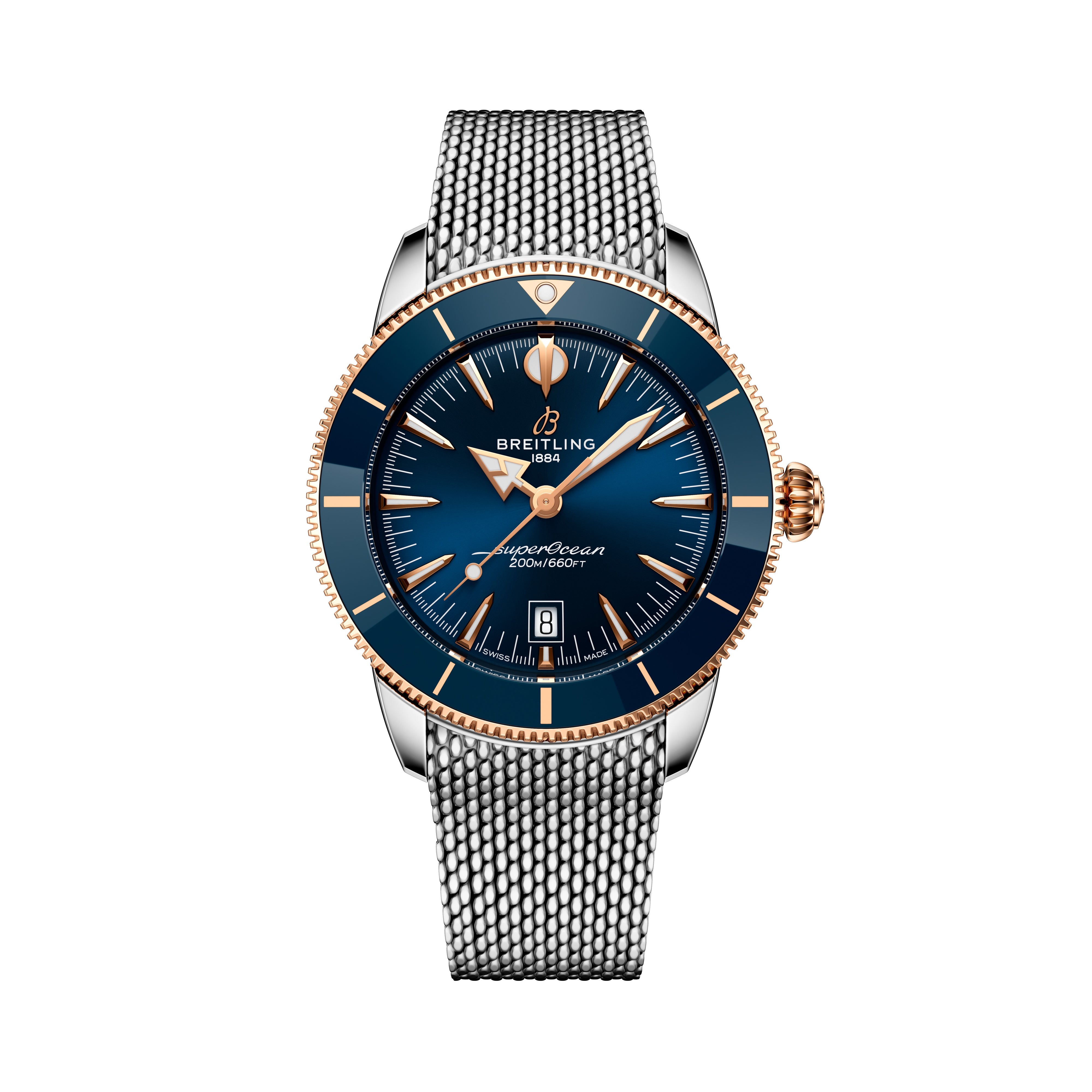 The Breitling Superocean Heritage B31 Automatic 44 features a blue dial, gold bezel, and silver mesh band, displayed against a white background.