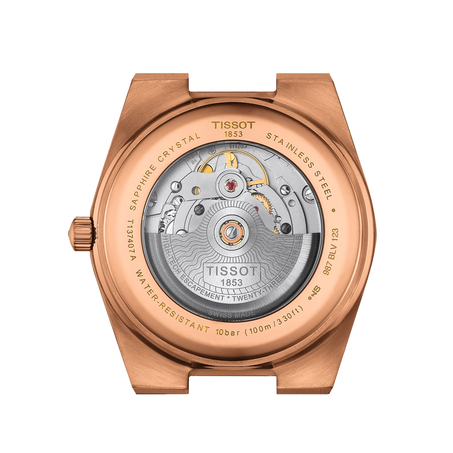 Back view of the Tissot PRX Powermatic 80 40mm, featuring an exposed automatic movement in a rose gold stainless steel case.