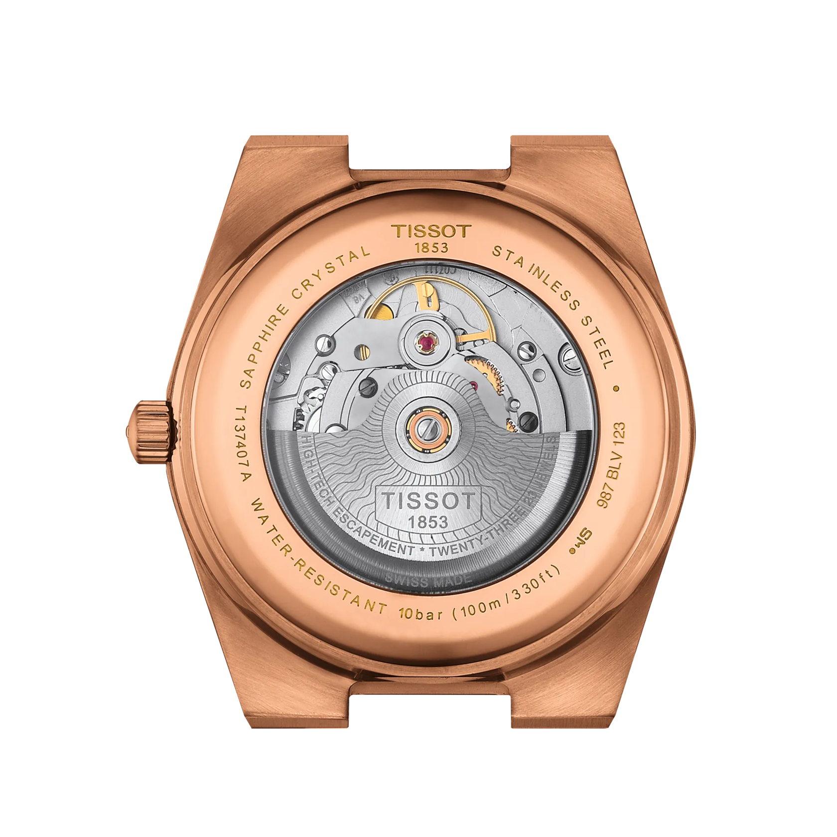 Back view of the Tissot PRX Powermatic 80 40mm, featuring an exposed automatic movement in a rose gold stainless steel case.