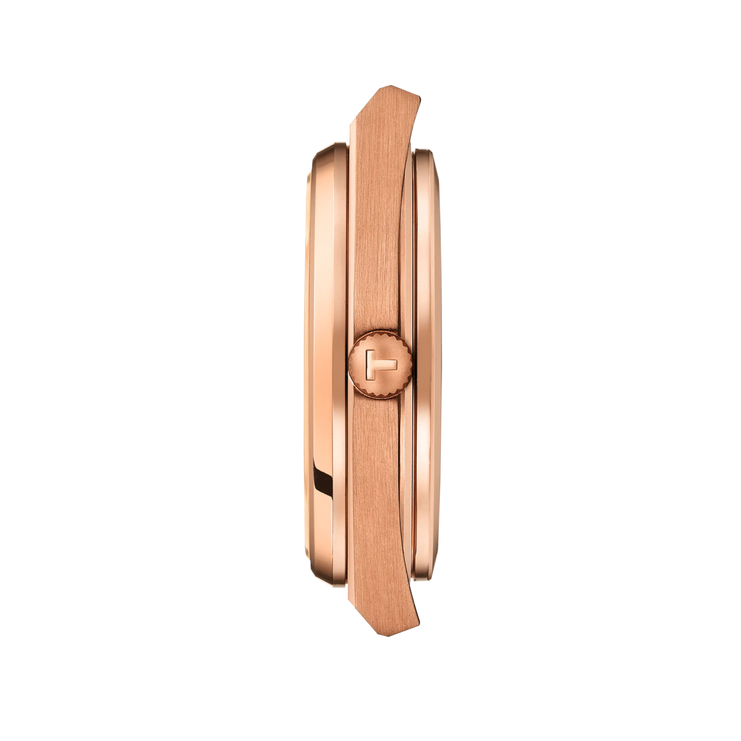Side view of the Tissot PRX Powermatic 80 40mm rose gold wristwatch case with a crown displaying the T logo, set against a black background.