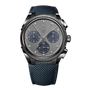 The Parmigiani Fleurier TONDA PF Sport Chronograph features a blue textured strap, silver case, and three blue subdials on a brushed silver face.