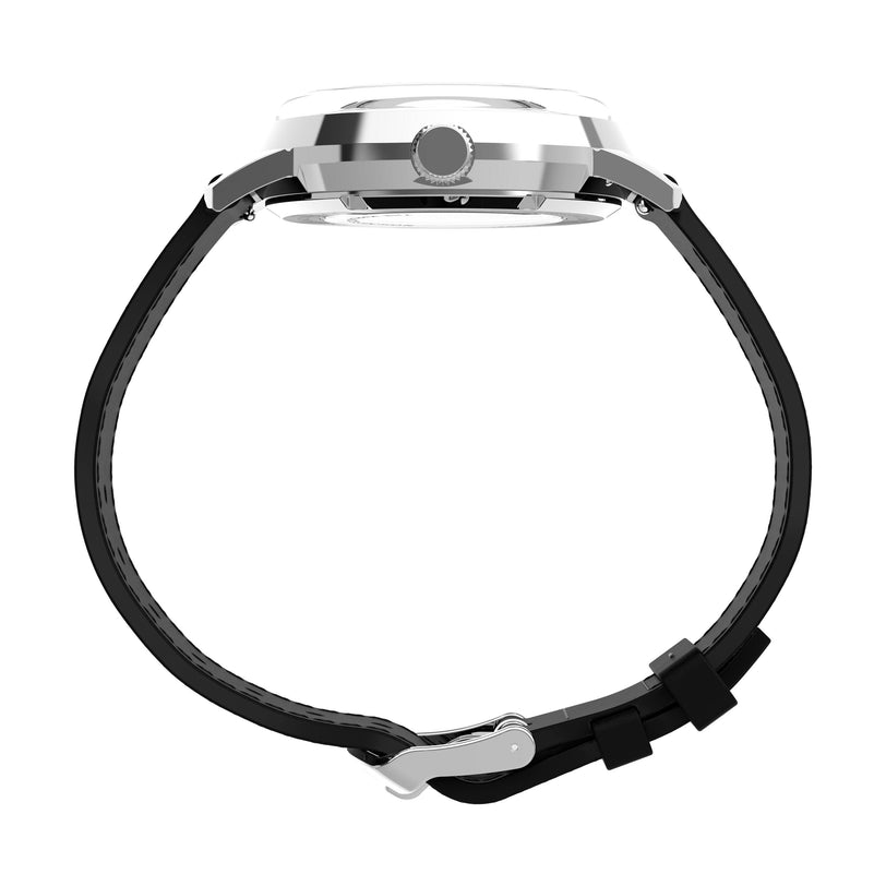 Side view of a Timex Marlin® Automatic watch featuring a silver case, domed acrylic crystal, black strap with metal buckle, displayed against a white background.