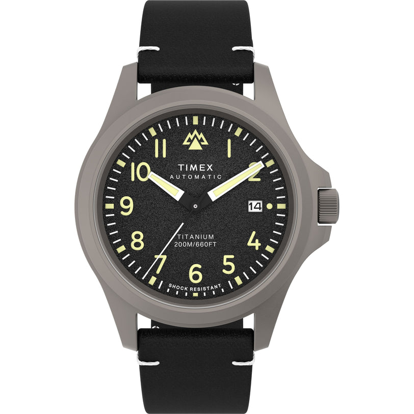 The Timex Expedition Titanium Automatic features a titanium case, black leather strap, black dial with yellow markers and white hands, scratch-resistant sapphire crystal, 200m water resistance, and a date display.