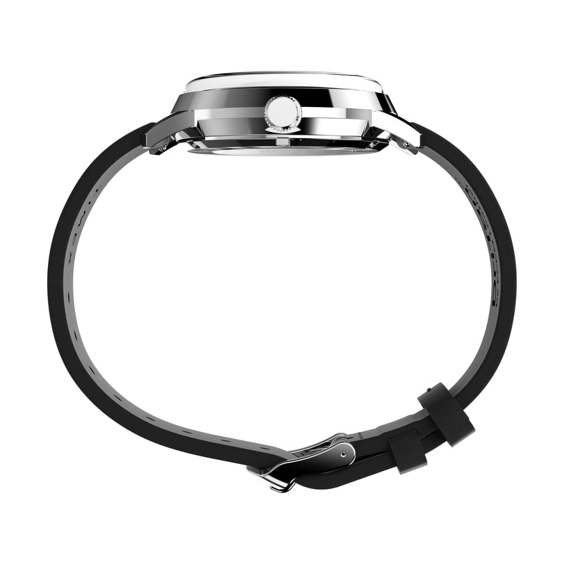 Side view of the Timex Marlin® Automatic x Peanuts Snoopy Flying Ace watch, featuring a round silver case, black leather strap with metal buckle, and sleek crown profile, set against a white background.