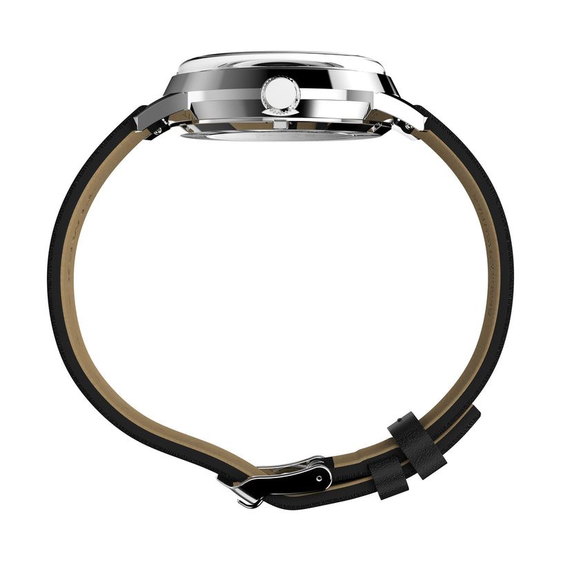 A side view of the Timex x Peanuts Marlin® Automatic Saxophonist watch with a silver case, black bezel, and black leather strap with buckle, displayed against a white background.