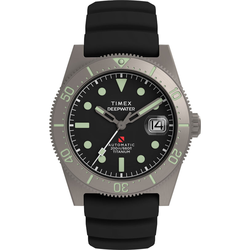 The Timex Deepwater Reef 200 Titanium Automatic features a black dial, luminous markers, date at 3 o’clock, sapphire crystal, titanium case, black rubber strap, and 200m water resistance. "Automatic 200m/660ft Titanium" is above 6 o’clock.