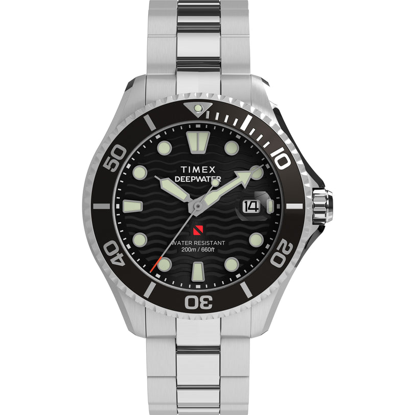 The Timex Deepwater Meridian 200 is a stainless steel dive watch with a black rotating bezel, luminous markers, date window at 3 o’clock, and bold “Water Resistant 200m / 660ft” on the face—ideal for underwater exploration.