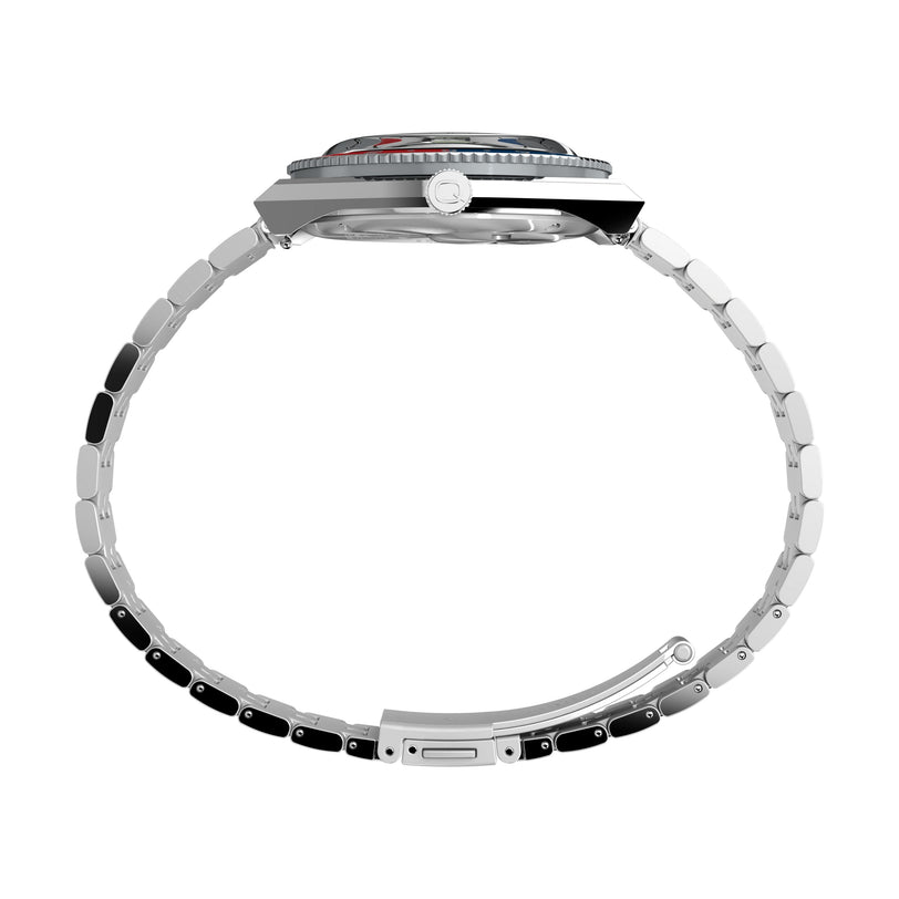 Side profile of the Timex G SS QZ PEANUTS GMT 38 SLVR DL SS BLT 25, featuring a round silver stainless-steel case, logo crown, metal bracelet with clasp, and a slightly raised bezel.