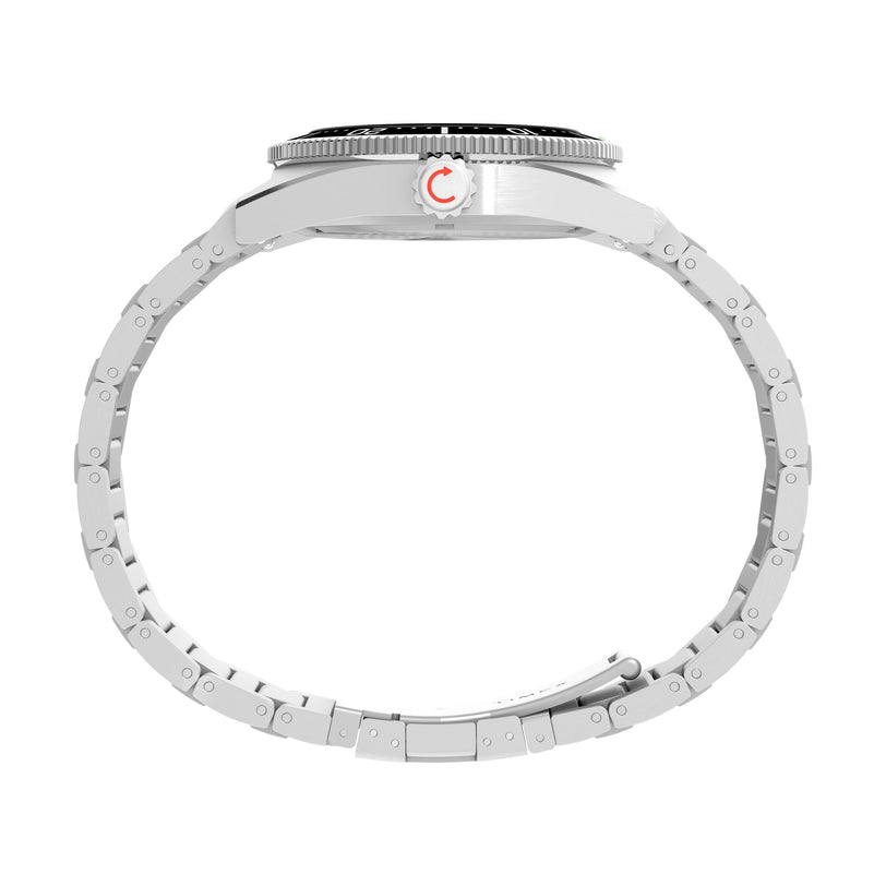 A side view of the Timex Deepwater Reef 200 silver wristwatch showcases its round stainless-steel case, metal band, and a crown with a red accent, all set against a white background.