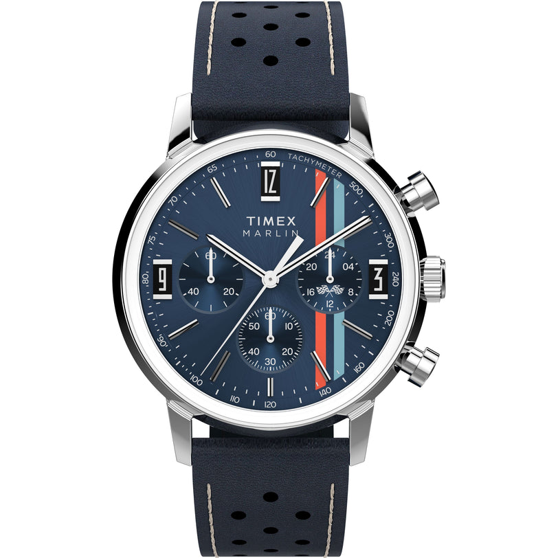The Timex Marlin® Chronograph Tachymeter features a blue dial, silver case, black perforated leather strap with red-orange racing stripes, three subdials, date window, and tachymeter markings.