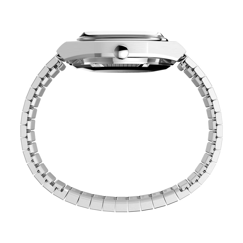 Side view of the Timex Automatic 1983 E Line dress watch with a stainless-steel expansion band and round crown, shown on a white background. The profile showcases its slim, sleek design.