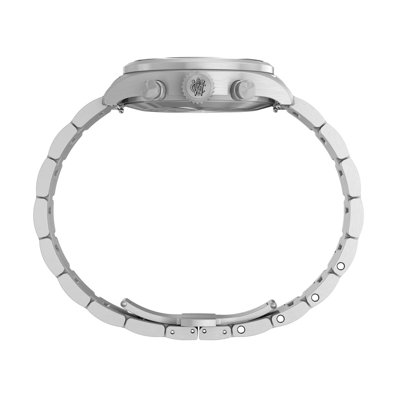 Side view of the Timex G SS QZ WATRBUY TRAD ACE CH 41 GRN DL 25, a stainless steel pilot's watch with metal link band, two chronograph buttons, and an engraved emblem on the crown, shown on a white background.