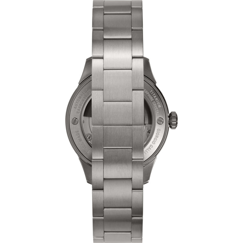 The back view of the Timex Giorgio Galli S2Ti Automatic shows its brushed stainless steel bracelet, visible clasp and links, and engraved text on the case back highlighting its Swiss automatic movement.