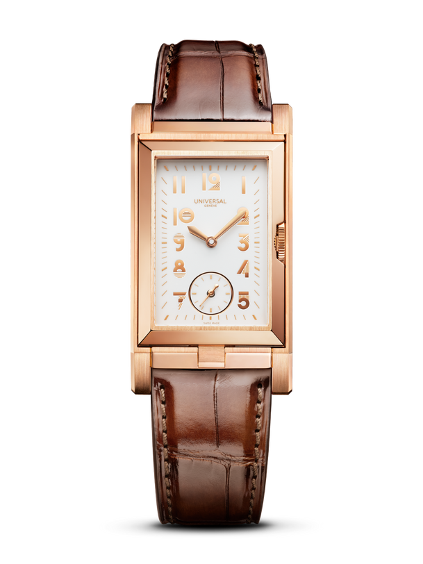 Rose gold rectangular watch with cream dial, gold numerals, brown leather strap, and subsidiary seconds dial.
