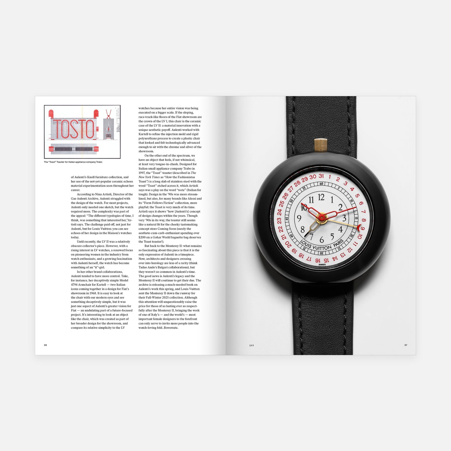 The left page of Hodinkee Magazine, Volume 14 features text, while the right displays a black round leather-strap wristwatch from Hodinkee.
