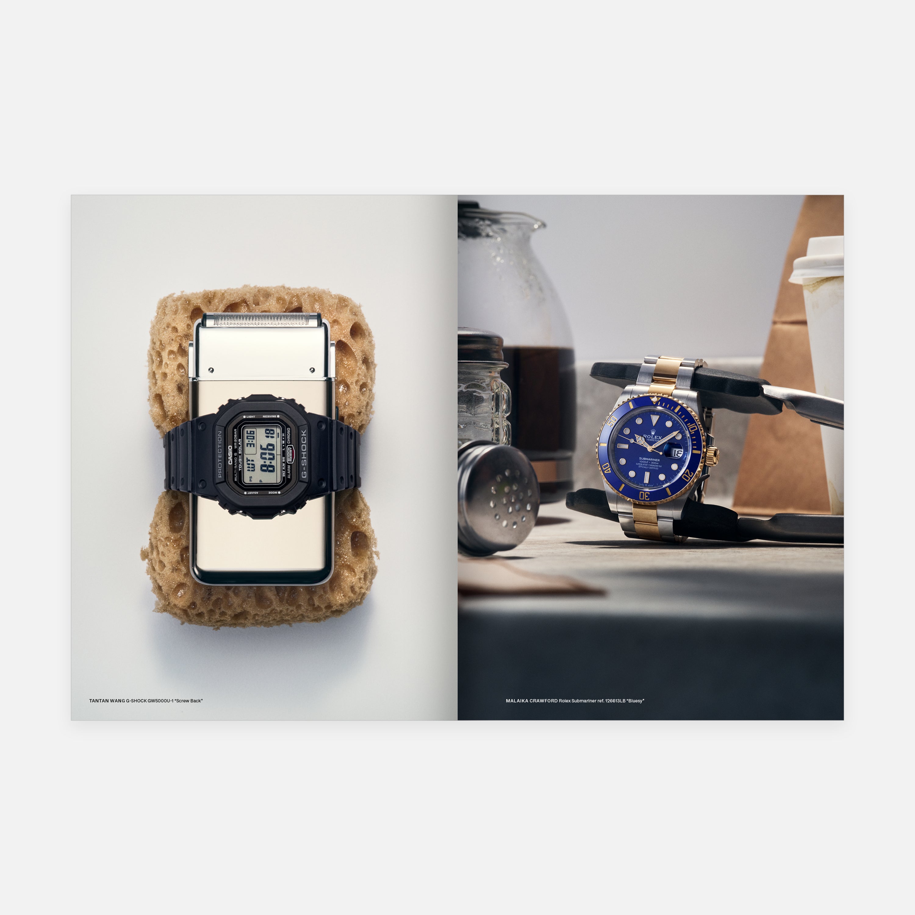 Left: Hodinkee Magazine, Volume 14 on a sponge atop a phone. Right: Hodinkee Magazine, Volume 14 on a table with coffee and writing utensils.