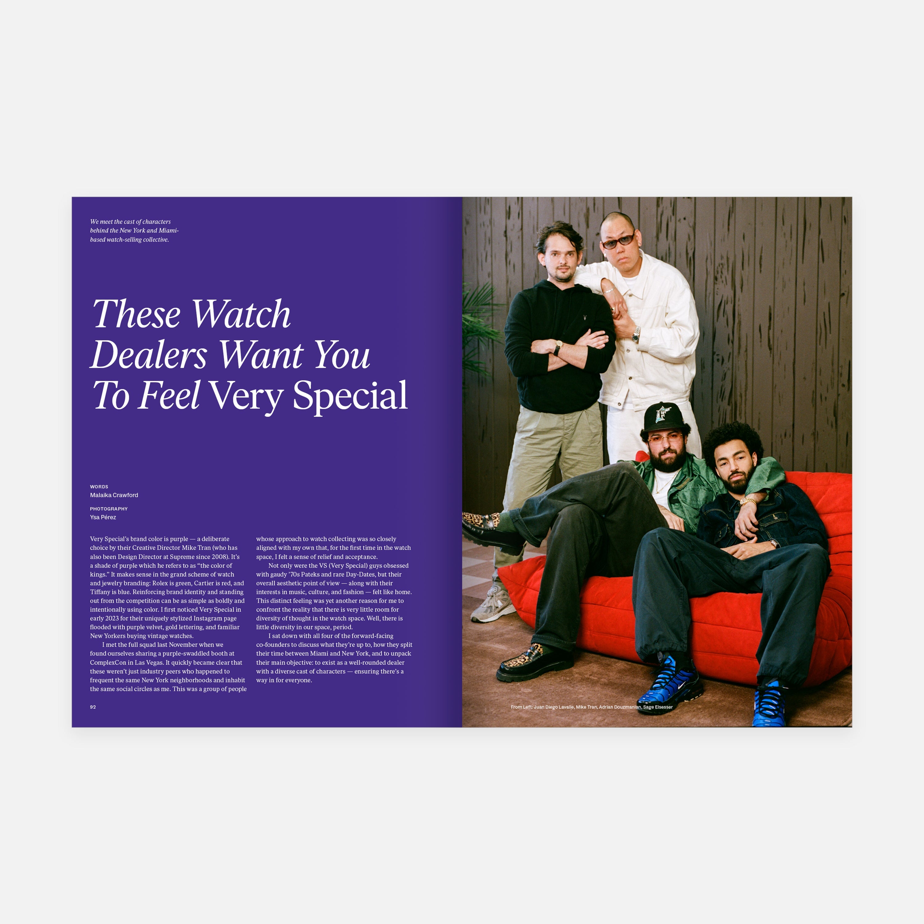 Four men pose together around a red couch beside a feature article on watch dealers in Hodinkee Magazine, Volume 14 by Hodinkee.