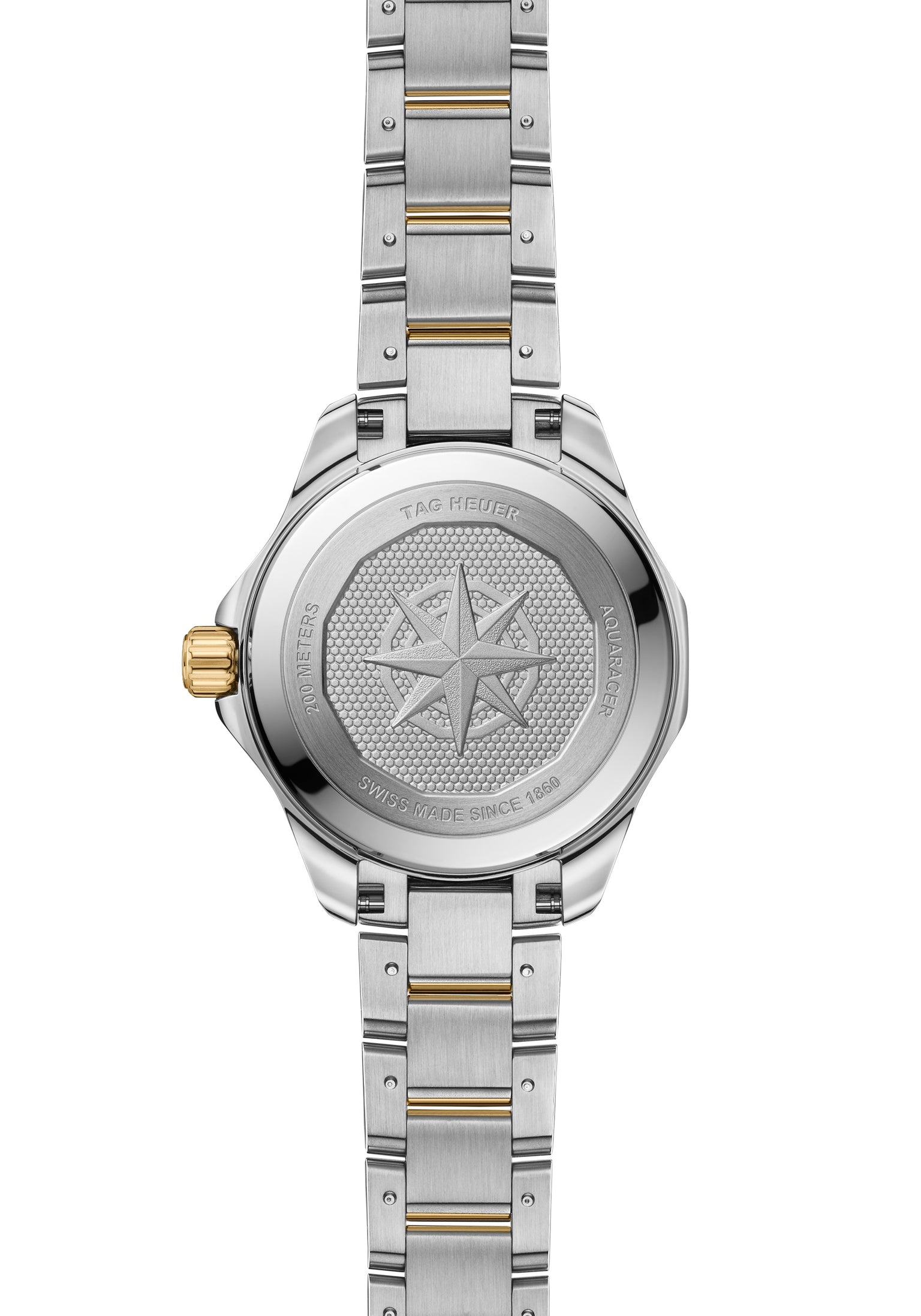 Silver and gold TAG Heuer Aquaracer Professional 200 Solargraph watch back featuring a compass rose engraving and brand details.