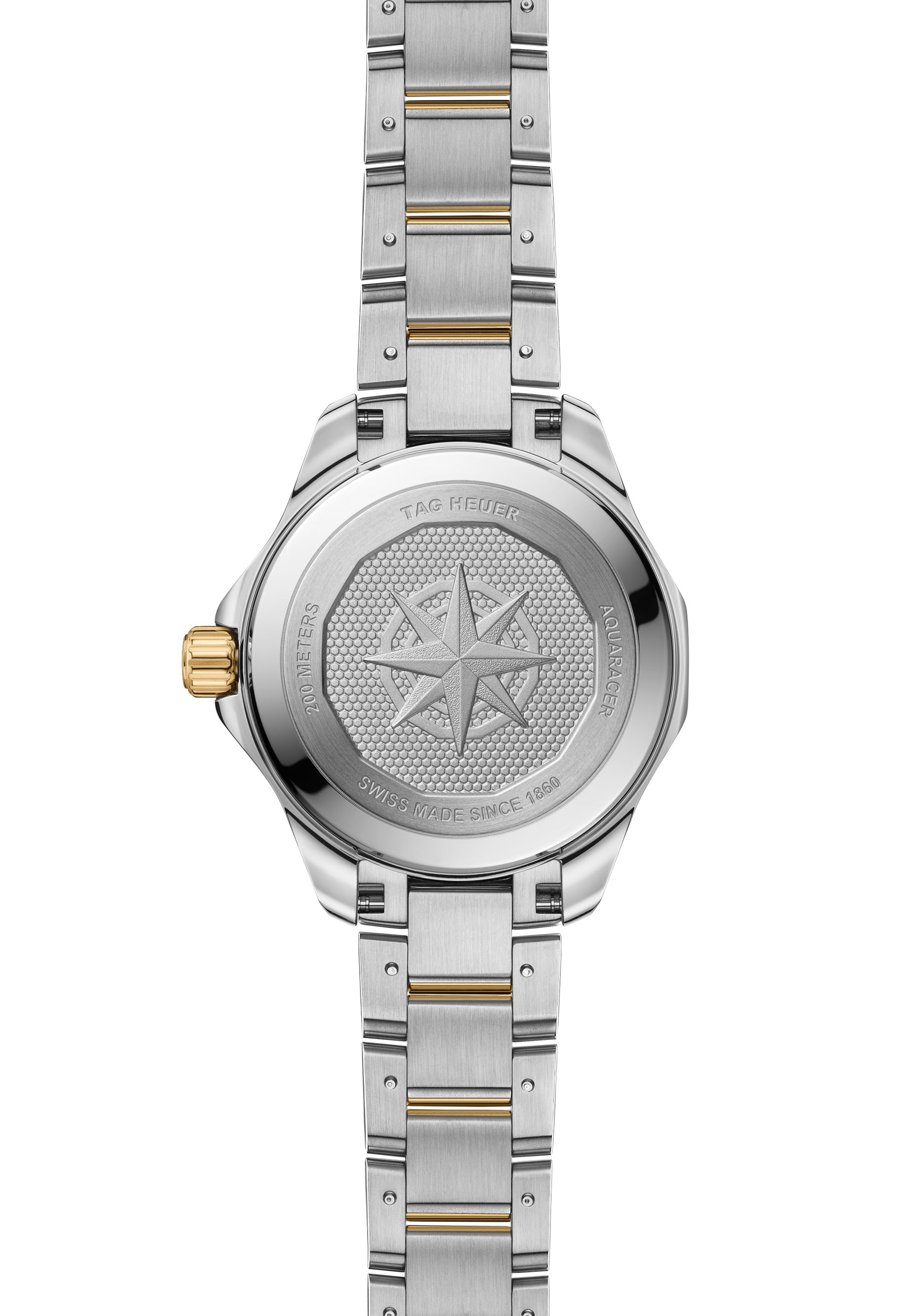 Silver and gold TAG Heuer Aquaracer Professional 200 Solargraph watch back featuring a compass rose engraving and brand details.